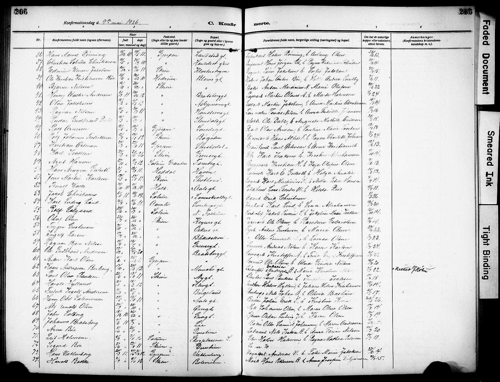 Skien kirkebøker, SAKO/A-302/G/Ga/L0010: Parish register (copy) no. 10, 1920-1931, p. 206