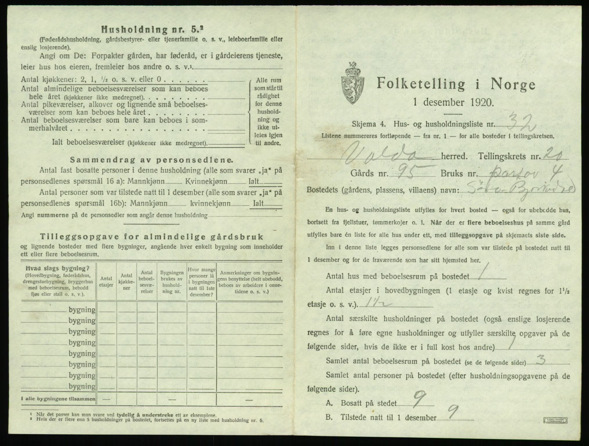 SAT, 1920 census for Volda, 1920, p. 1454