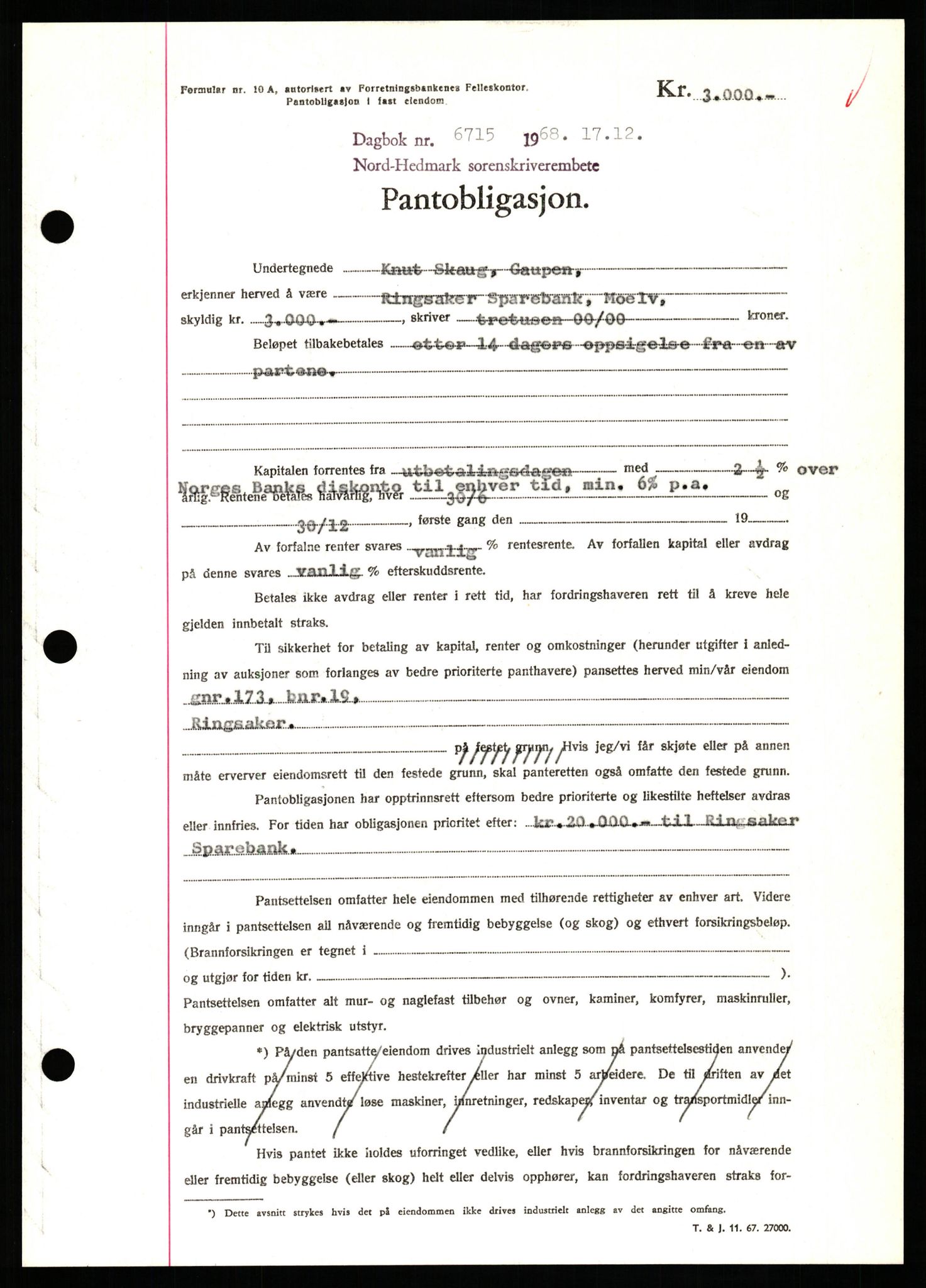 Nord-Hedmark sorenskriveri, SAH/TING-012/H/Hb/Hbf/L0077: Mortgage book no. B77, 1968-1969, Diary no: : 6715/1968