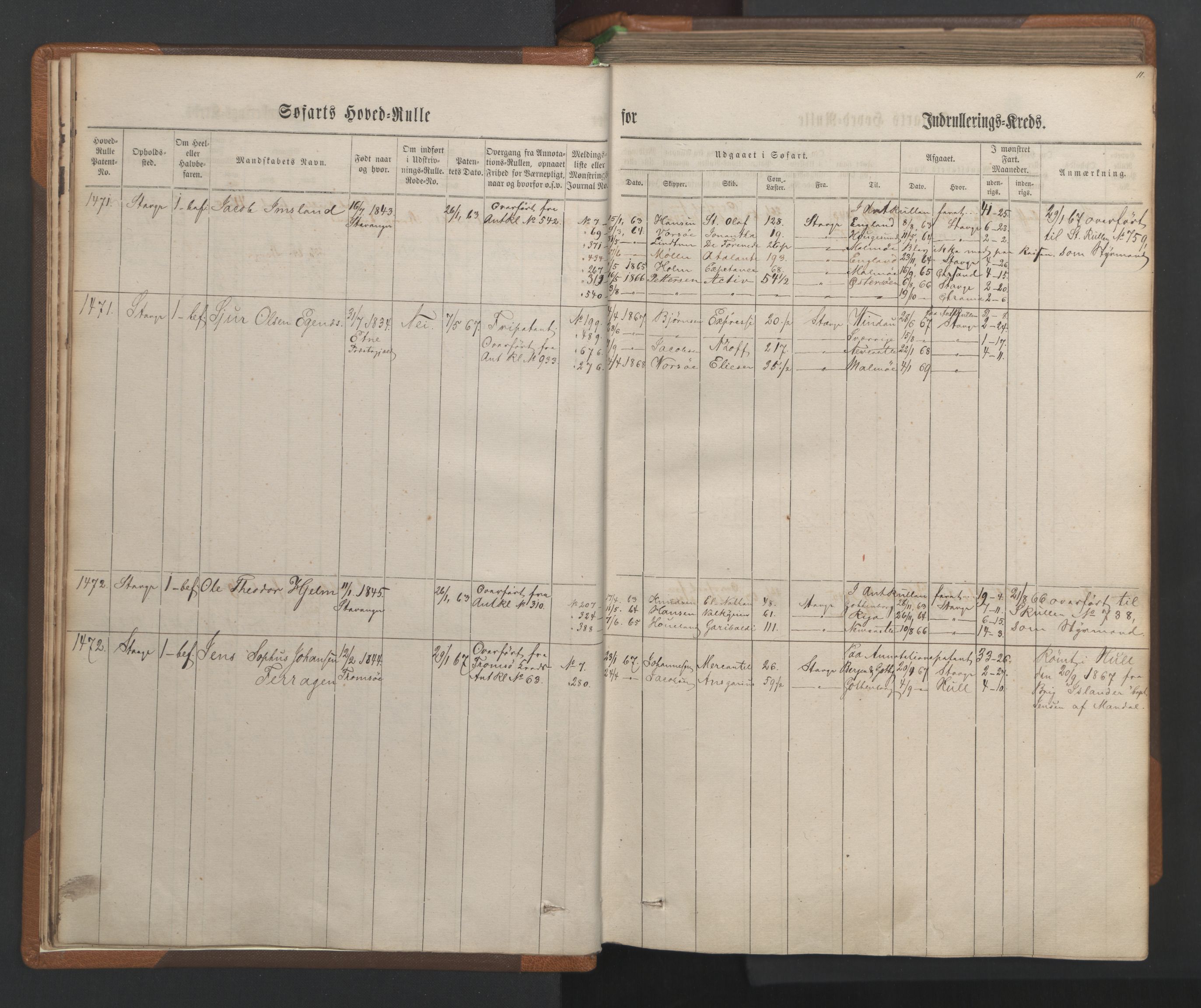 Stavanger sjømannskontor, AV/SAST-A-102006/F/Fb/Fbb/L0003: Sjøfartshovedrulle, patentnr. 1451-2270, 1863, p. 15