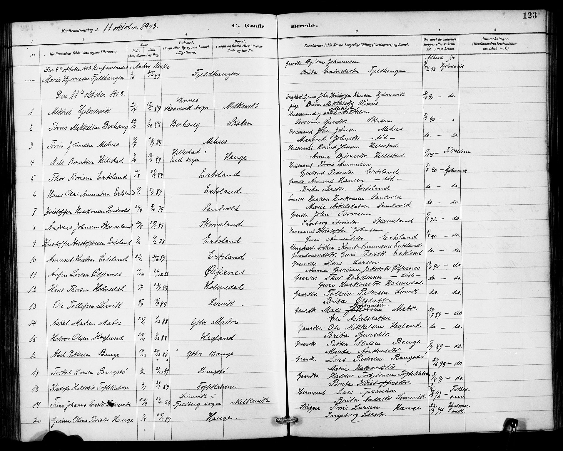Husnes Sokneprestembete, SAB/A-75901/H/Hab: Parish register (copy) no. B 2, 1884-1914, p. 123