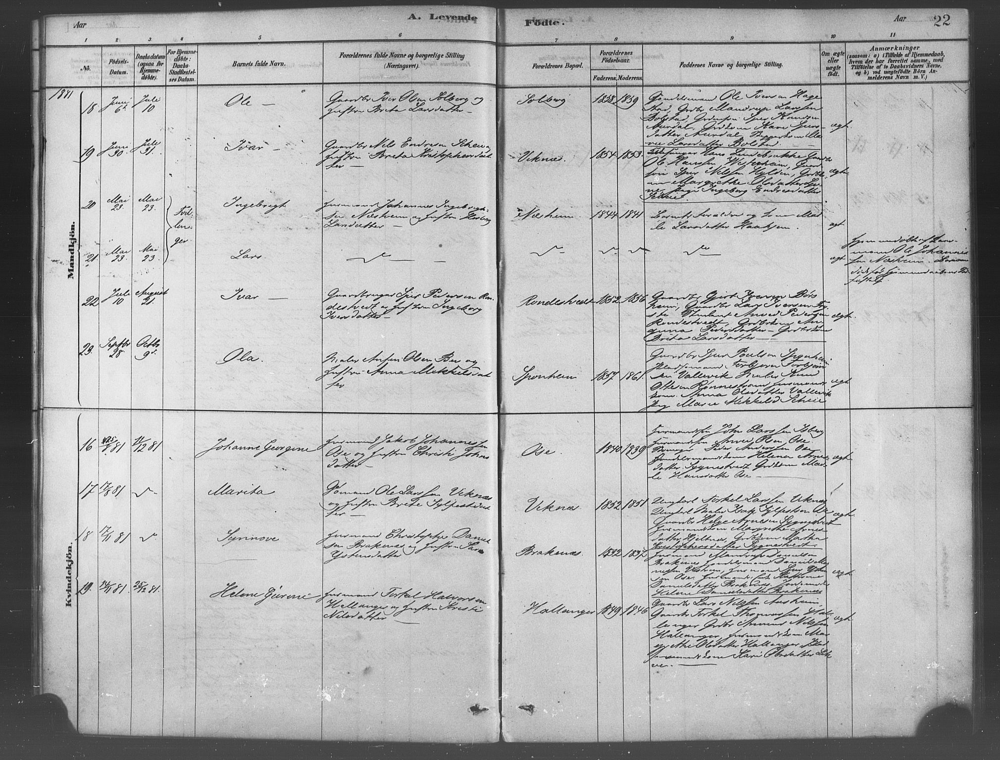 Ulvik sokneprestembete, AV/SAB-A-78801/H/Haa: Parish register (official) no. B 1, 1878-1897, p. 22