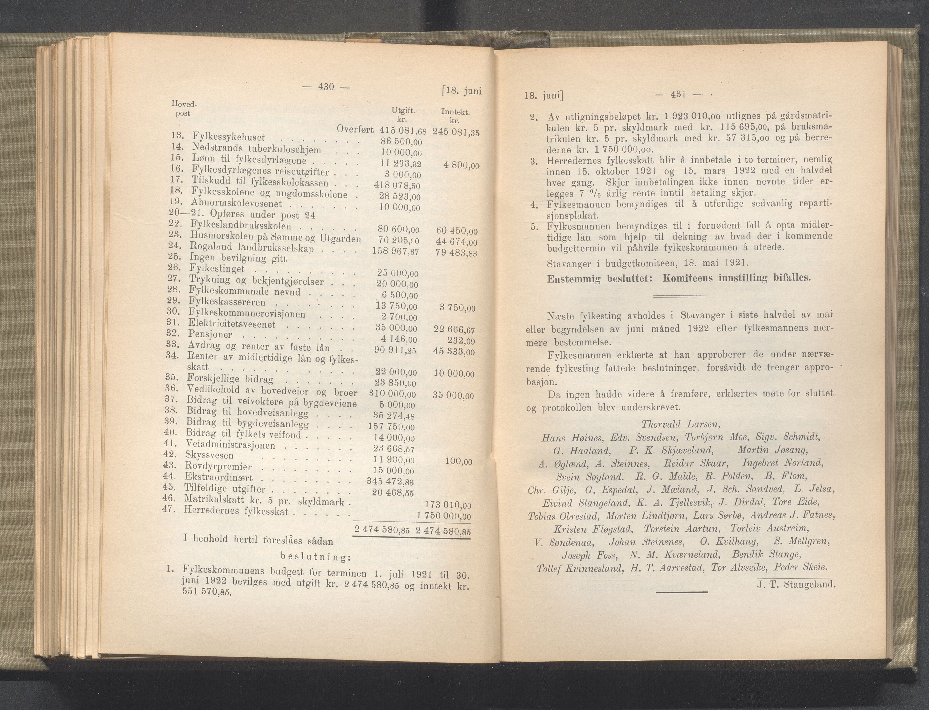 Rogaland fylkeskommune - Fylkesrådmannen , IKAR/A-900/A/Aa/Aaa/L0040: Møtebok , 1921, p. 430-431