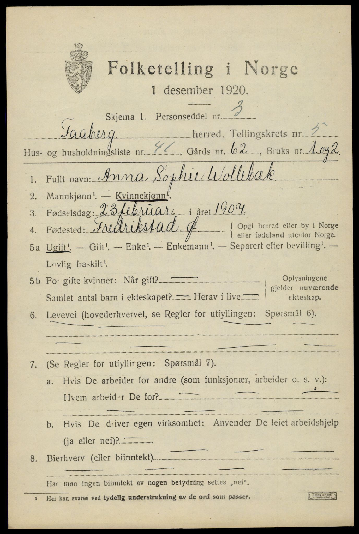 SAH, 1920 census for Fåberg, 1920, p. 6522