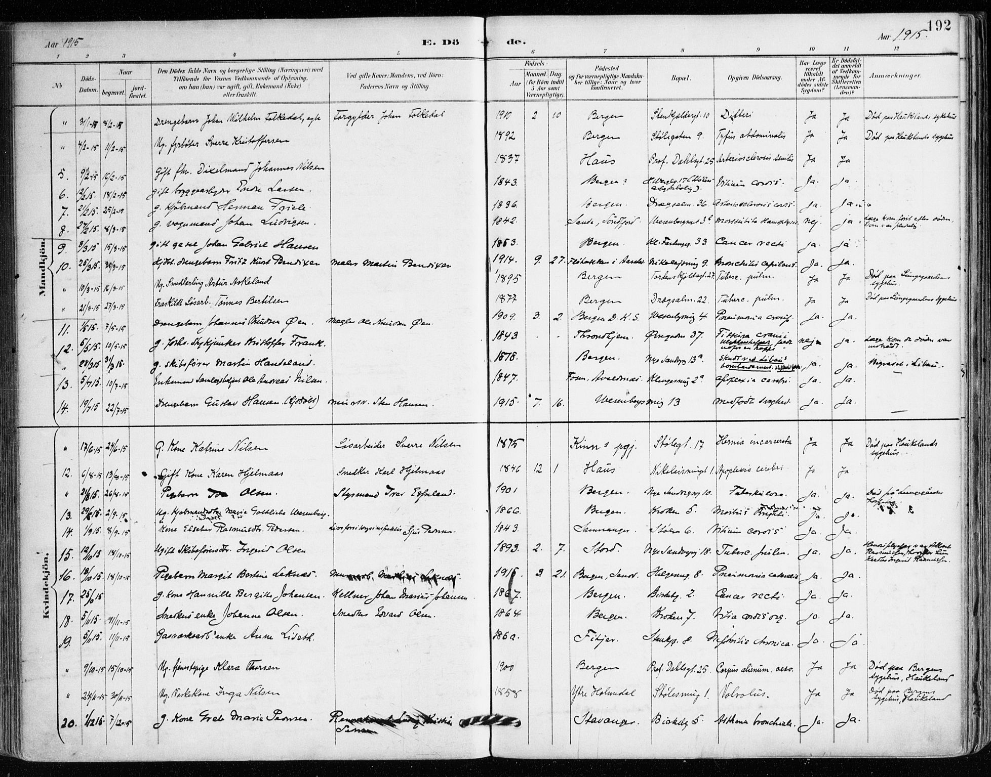 Mariakirken Sokneprestembete, AV/SAB-A-76901/H/Haa/L0008: Parish register (official) no. A 8, 1893-1942, p. 192