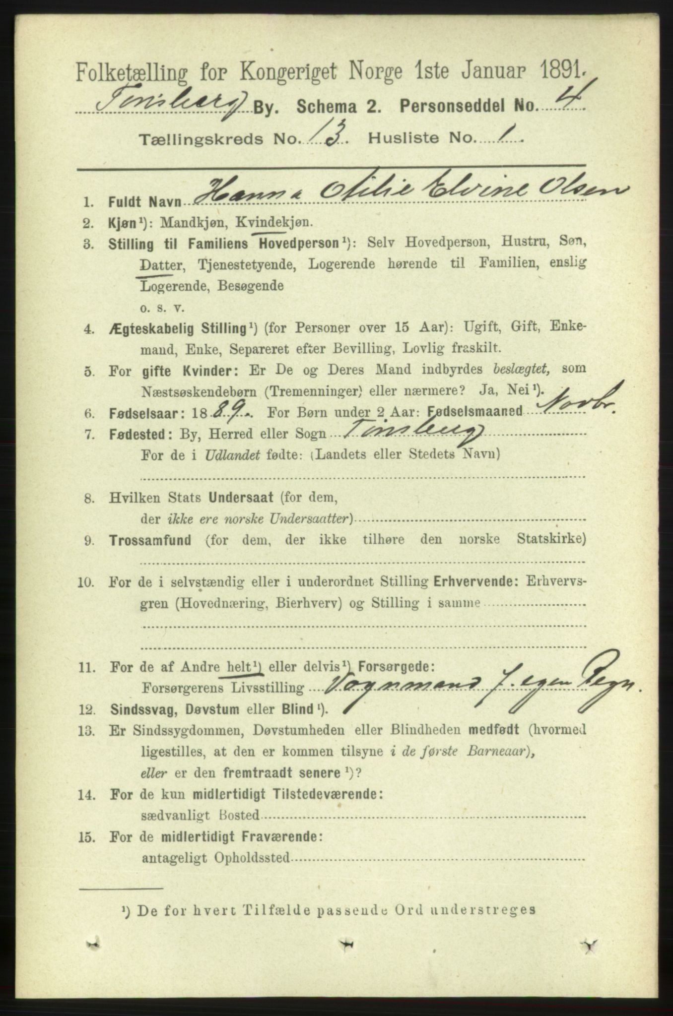 RA, 1891 census for 0705 Tønsberg, 1891, p. 4303