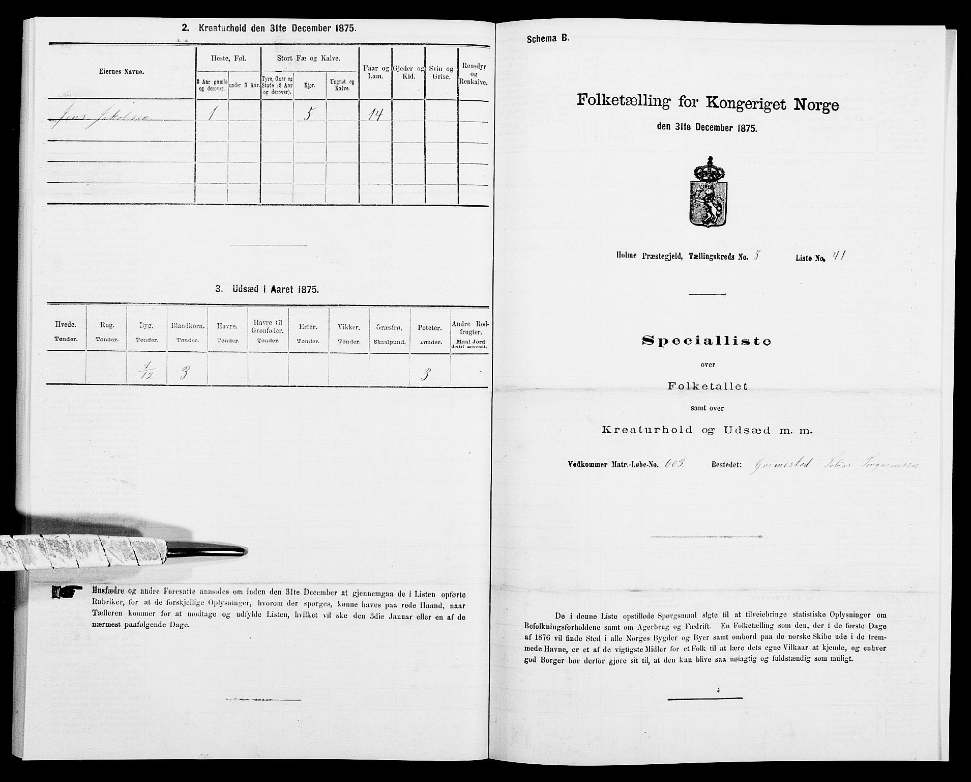 SAK, 1875 census for 1020P Holum, 1875, p. 949