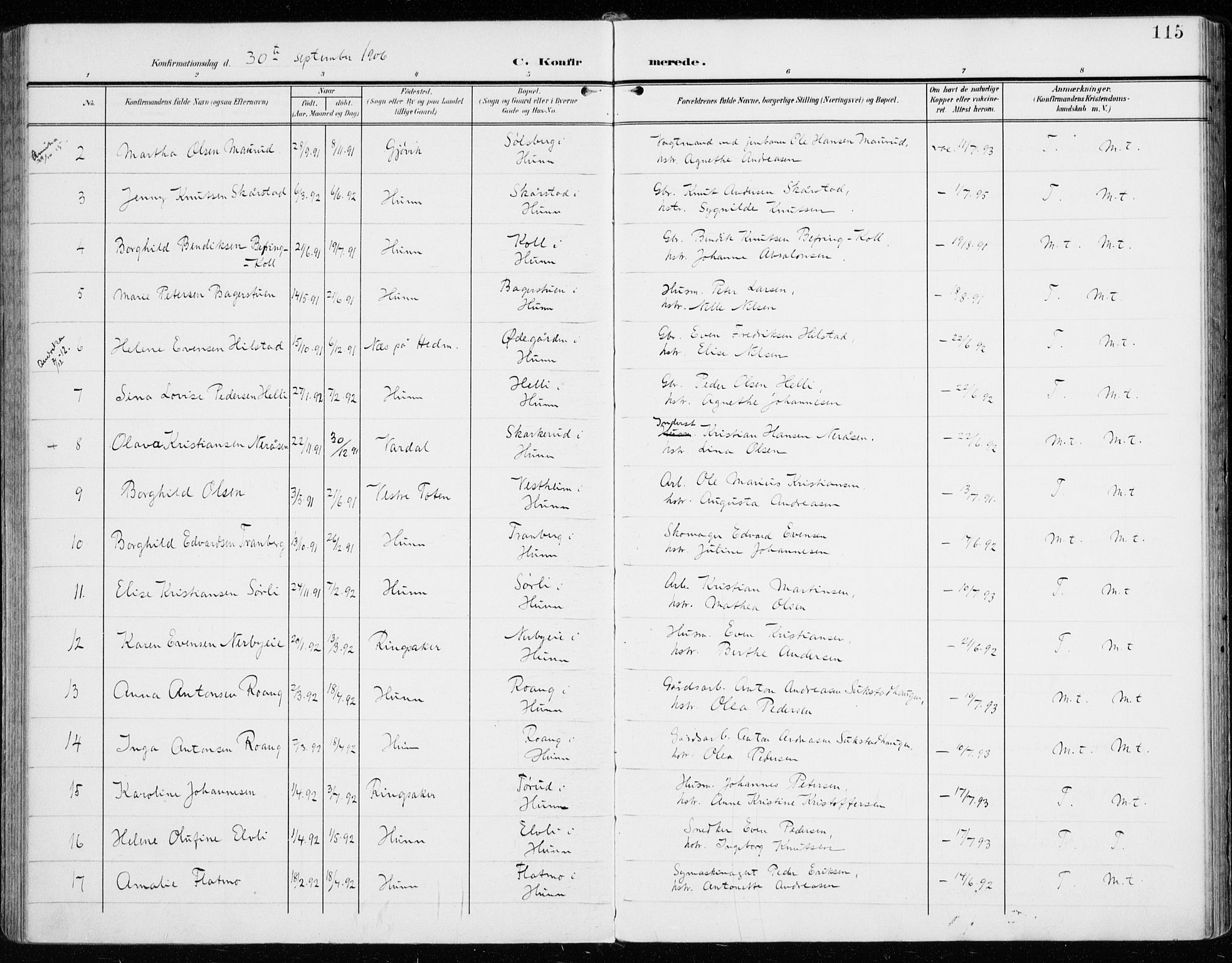Vardal prestekontor, SAH/PREST-100/H/Ha/Haa/L0016: Parish register (official) no. 16, 1904-1916, p. 115
