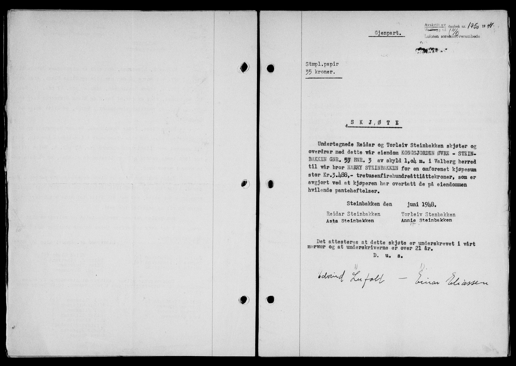 Lofoten sorenskriveri, SAT/A-0017/1/2/2C/L0019a: Mortgage book no. 19a, 1948-1948, Diary no: : 1750/1948