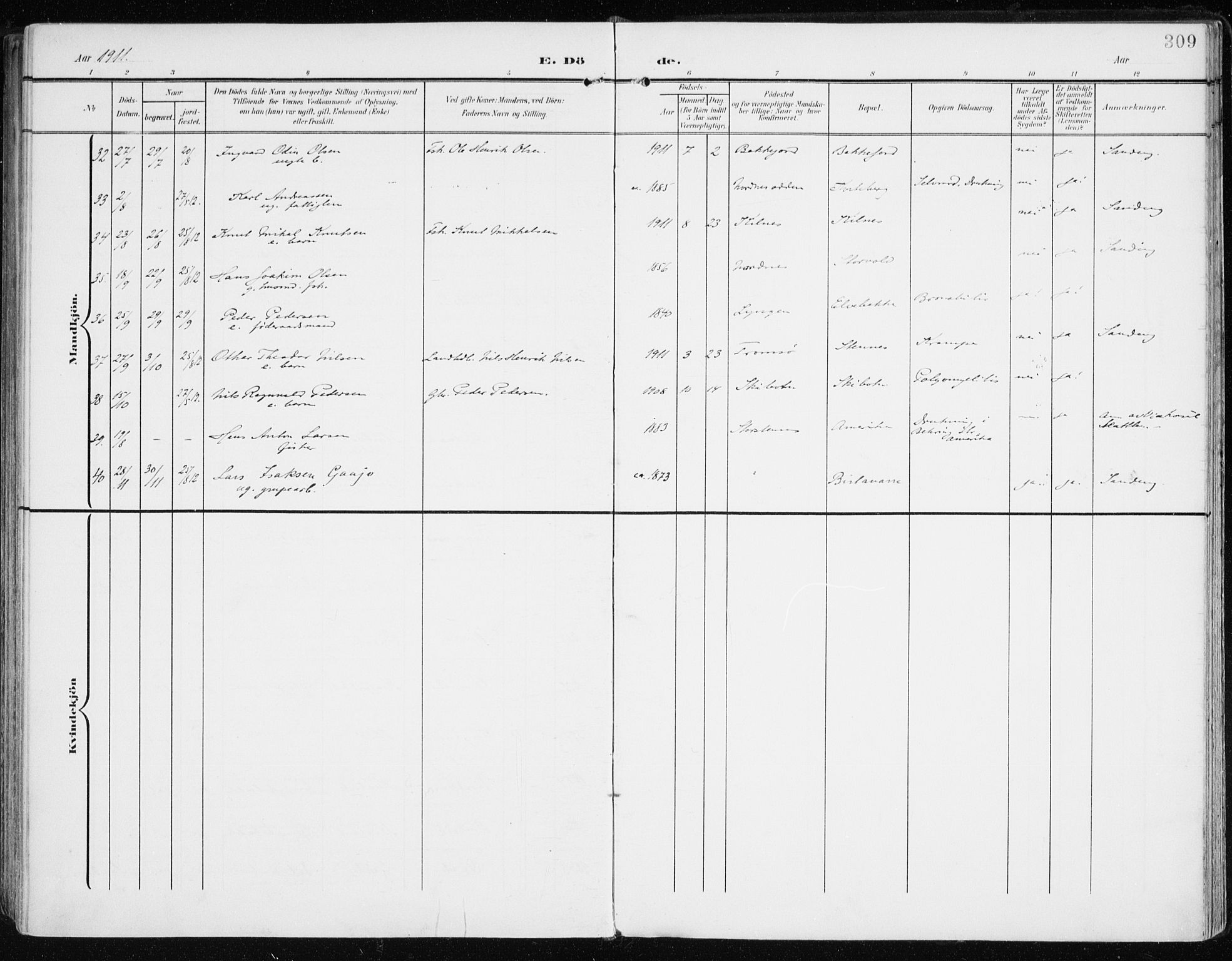 Lyngen sokneprestembete, AV/SATØ-S-1289/H/He/Hea/L0011kirke: Parish register (official) no. 11, 1903-1913, p. 309