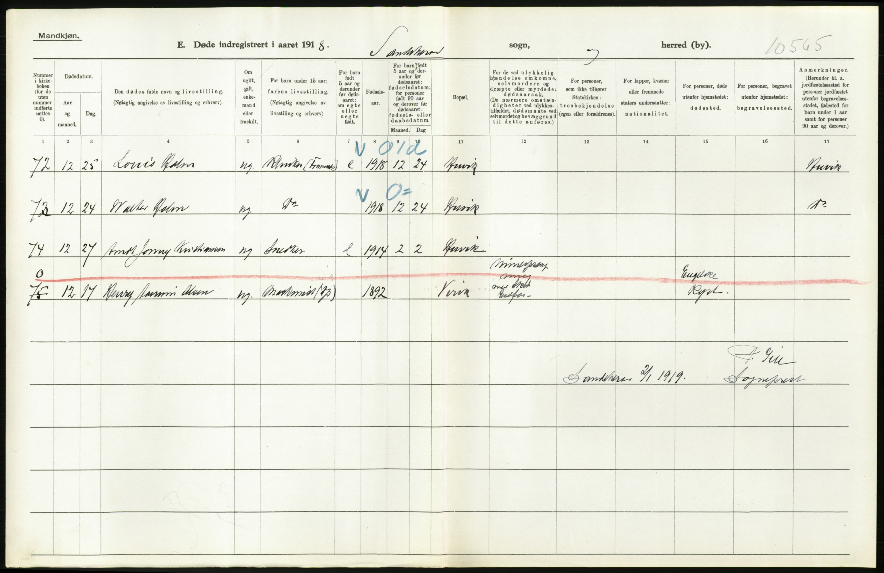 Statistisk sentralbyrå, Sosiodemografiske emner, Befolkning, AV/RA-S-2228/D/Df/Dfb/Dfbh/L0023: Vestfold fylke: Døde. Bygder og byer., 1918, p. 124