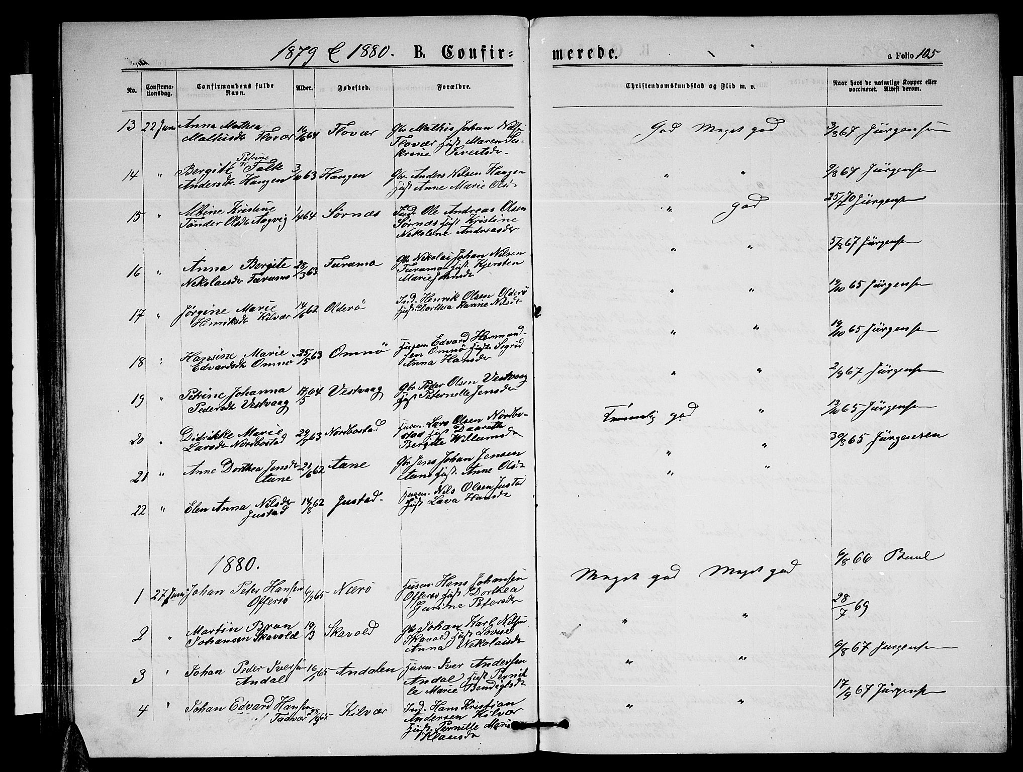 Ministerialprotokoller, klokkerbøker og fødselsregistre - Nordland, AV/SAT-A-1459/817/L0267: Parish register (copy) no. 817C02, 1870-1883, p. 105