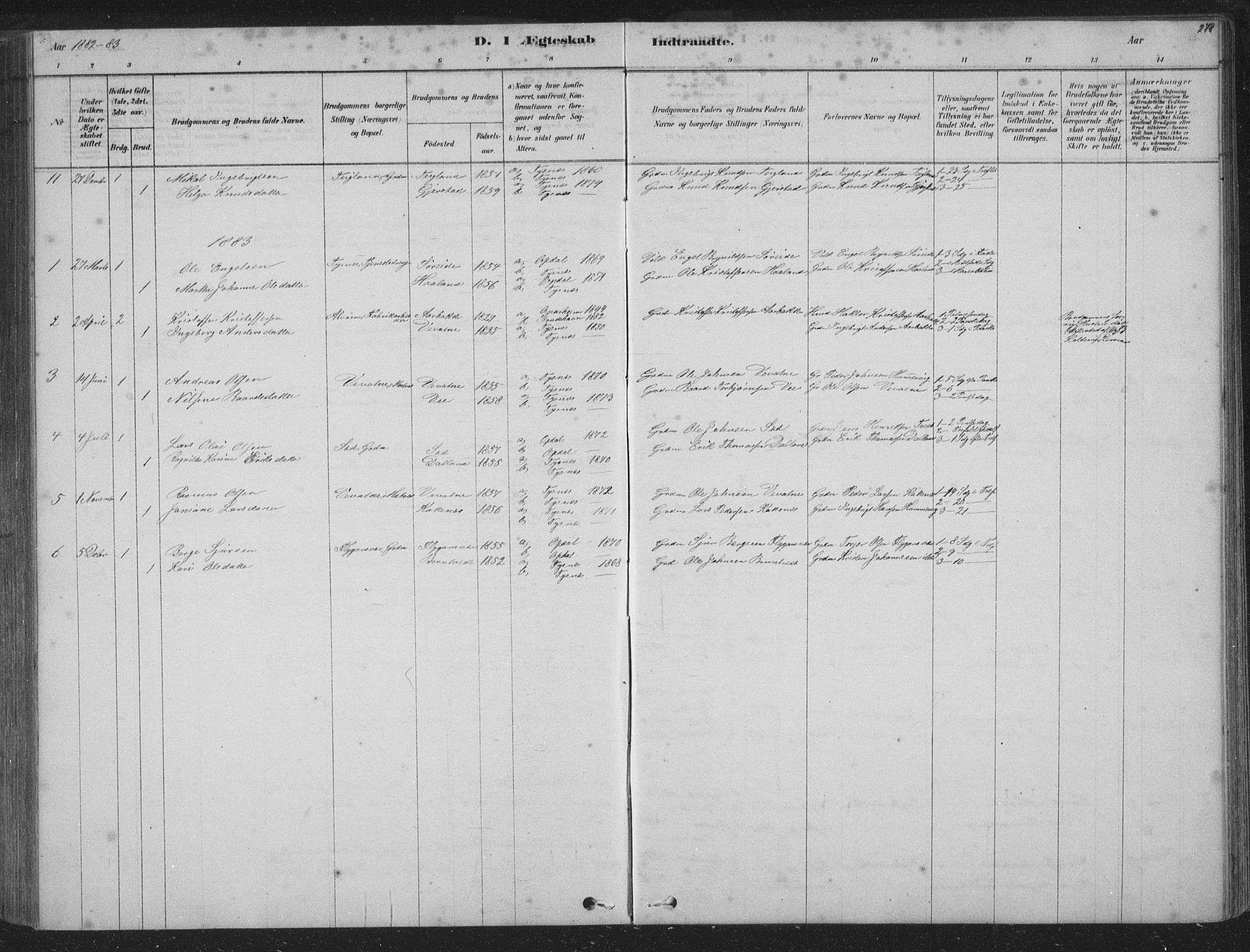 Tysnes sokneprestembete, AV/SAB-A-78601/H/Hab: Parish register (copy) no. B 2, 1878-1918, p. 278