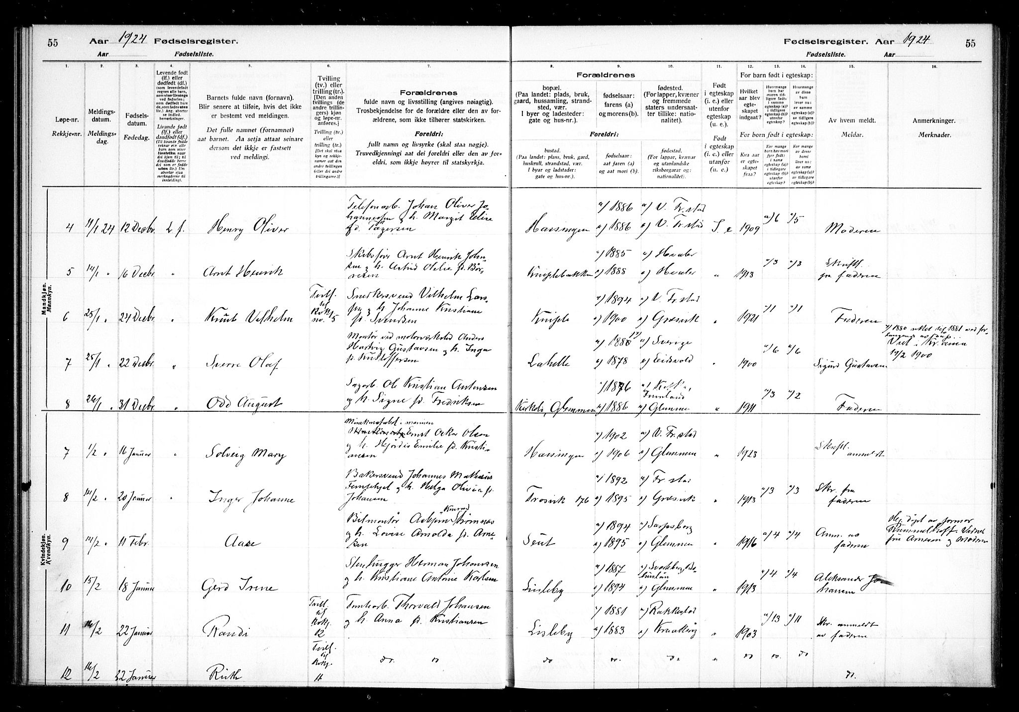 Glemmen prestekontor Kirkebøker, AV/SAO-A-10908/J/Ja/L0002: Birth register no. I 2, 1922-1929, p. 55