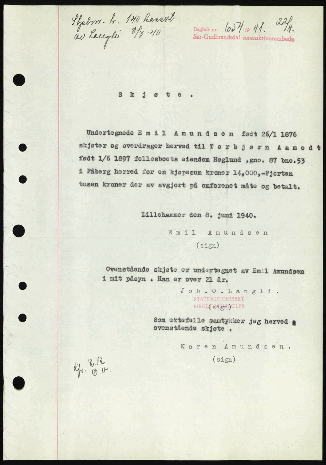 Sør-Gudbrandsdal tingrett, SAH/TING-004/H/Hb/Hbd/L0009: Mortgage book no. A9, 1941-1941, Diary no: : 654/1941