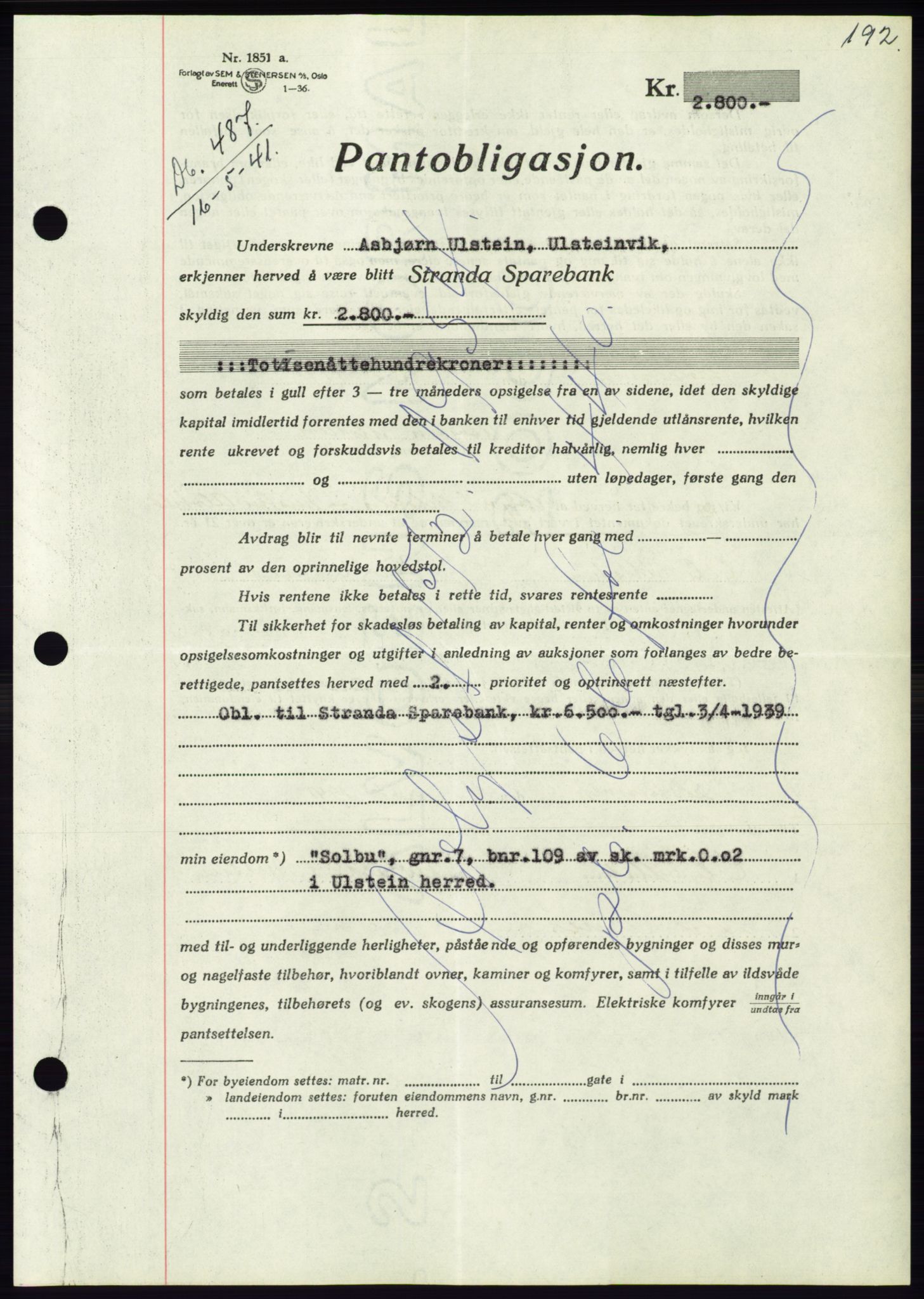 Søre Sunnmøre sorenskriveri, AV/SAT-A-4122/1/2/2C/L0071: Mortgage book no. 65, 1941-1941, Diary no: : 487/1941