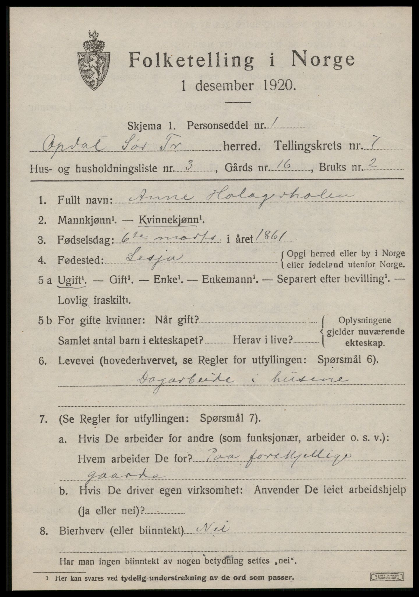 SAT, 1920 census for Oppdal, 1920, p. 5709