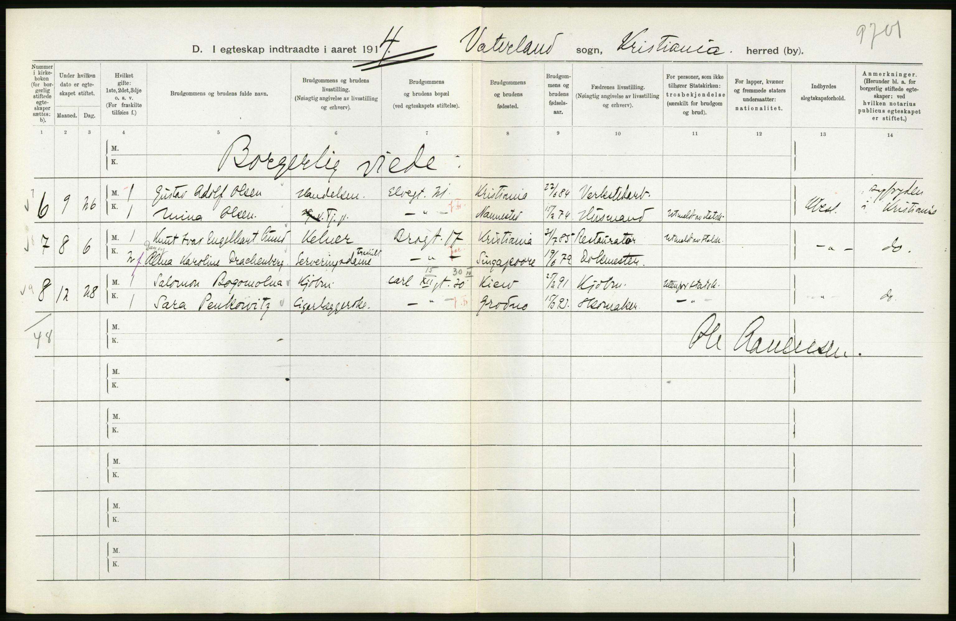 Statistisk sentralbyrå, Sosiodemografiske emner, Befolkning, RA/S-2228/D/Df/Dfb/Dfbd/L0007: Kristiania: Gifte, 1914, p. 102