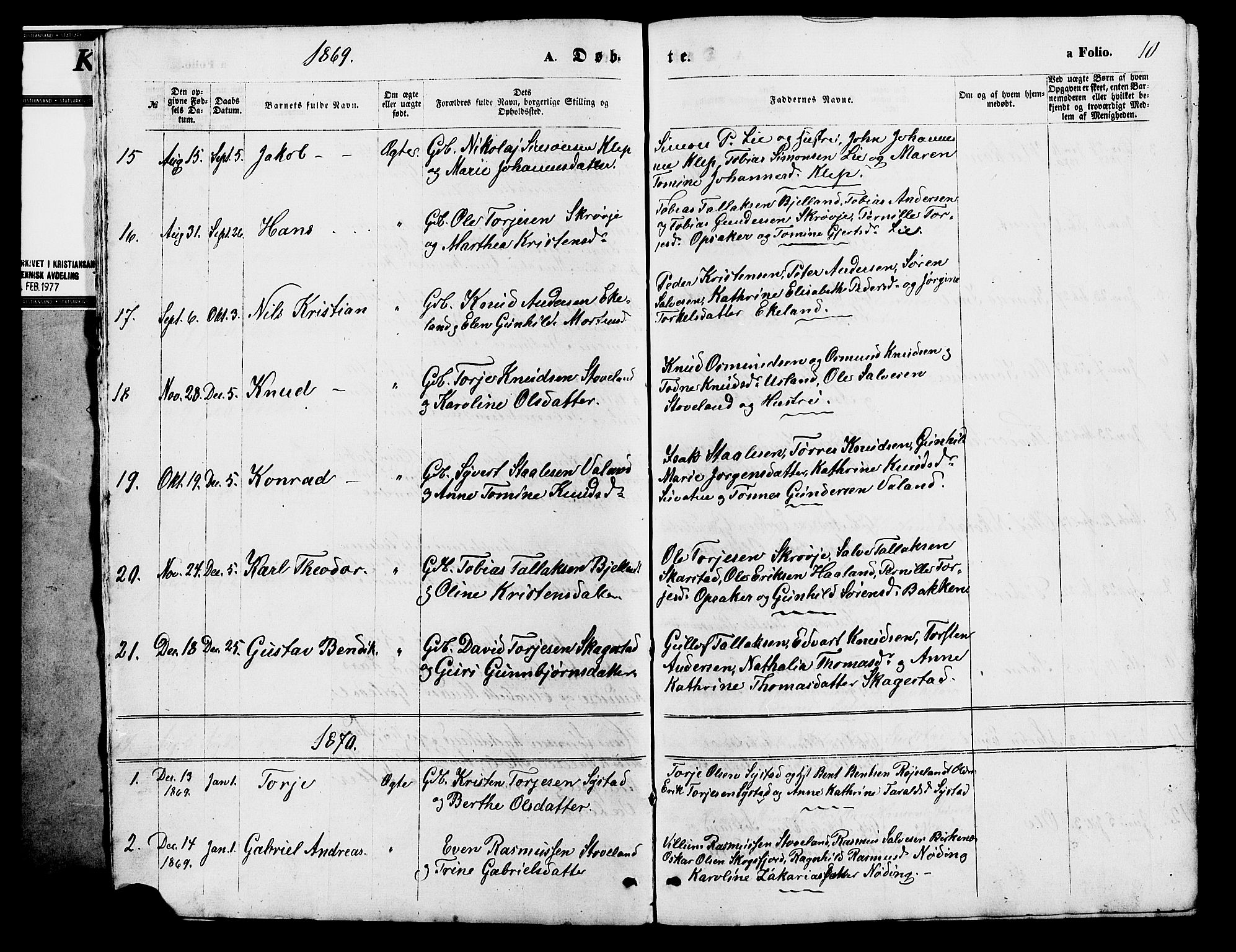 Holum sokneprestkontor, SAK/1111-0022/F/Fb/Fba/L0004: Parish register (copy) no. B 4, 1867-1890, p. 10