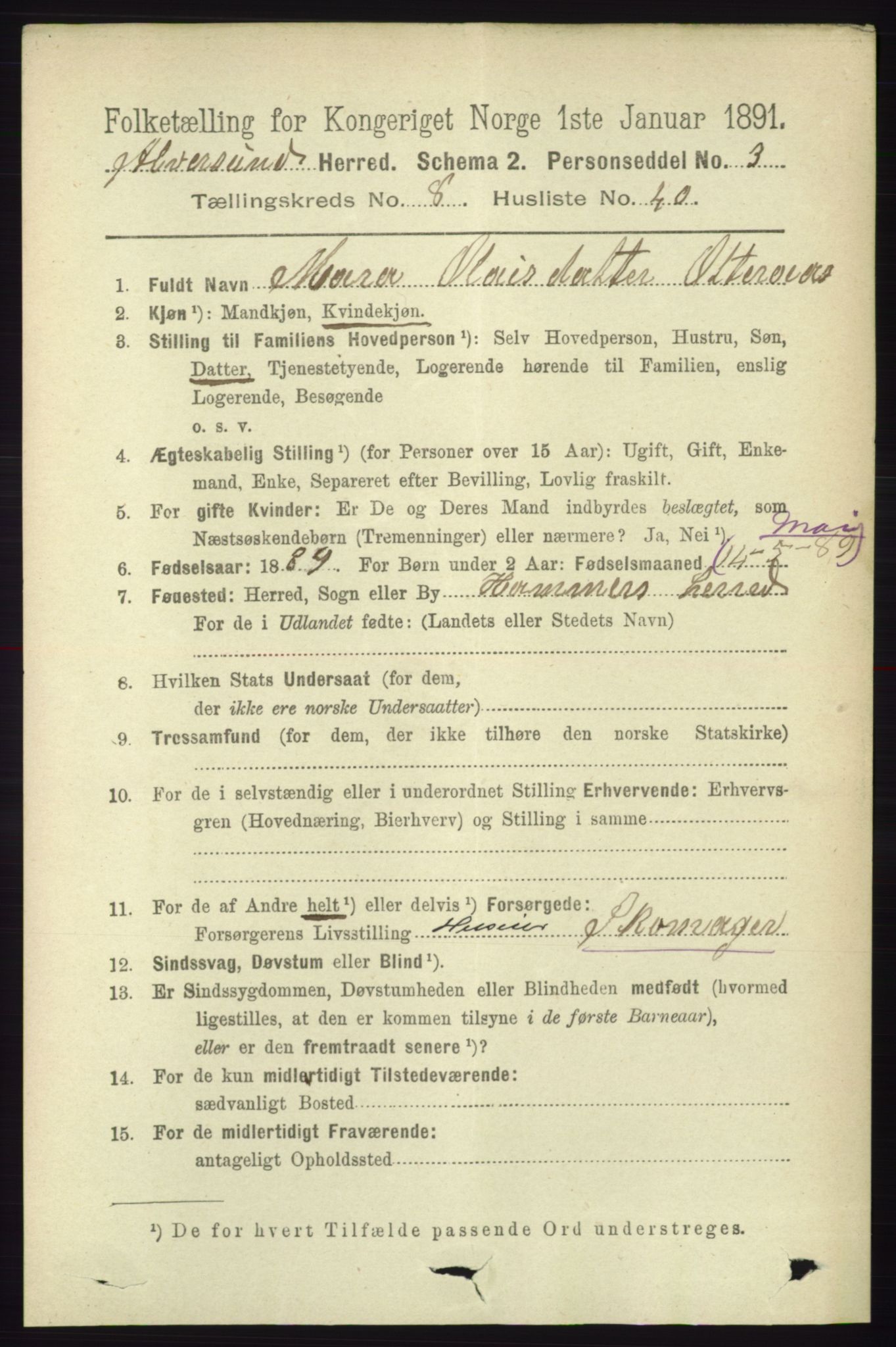 RA, 1891 census for 1257 Alversund, 1891, p. 3034