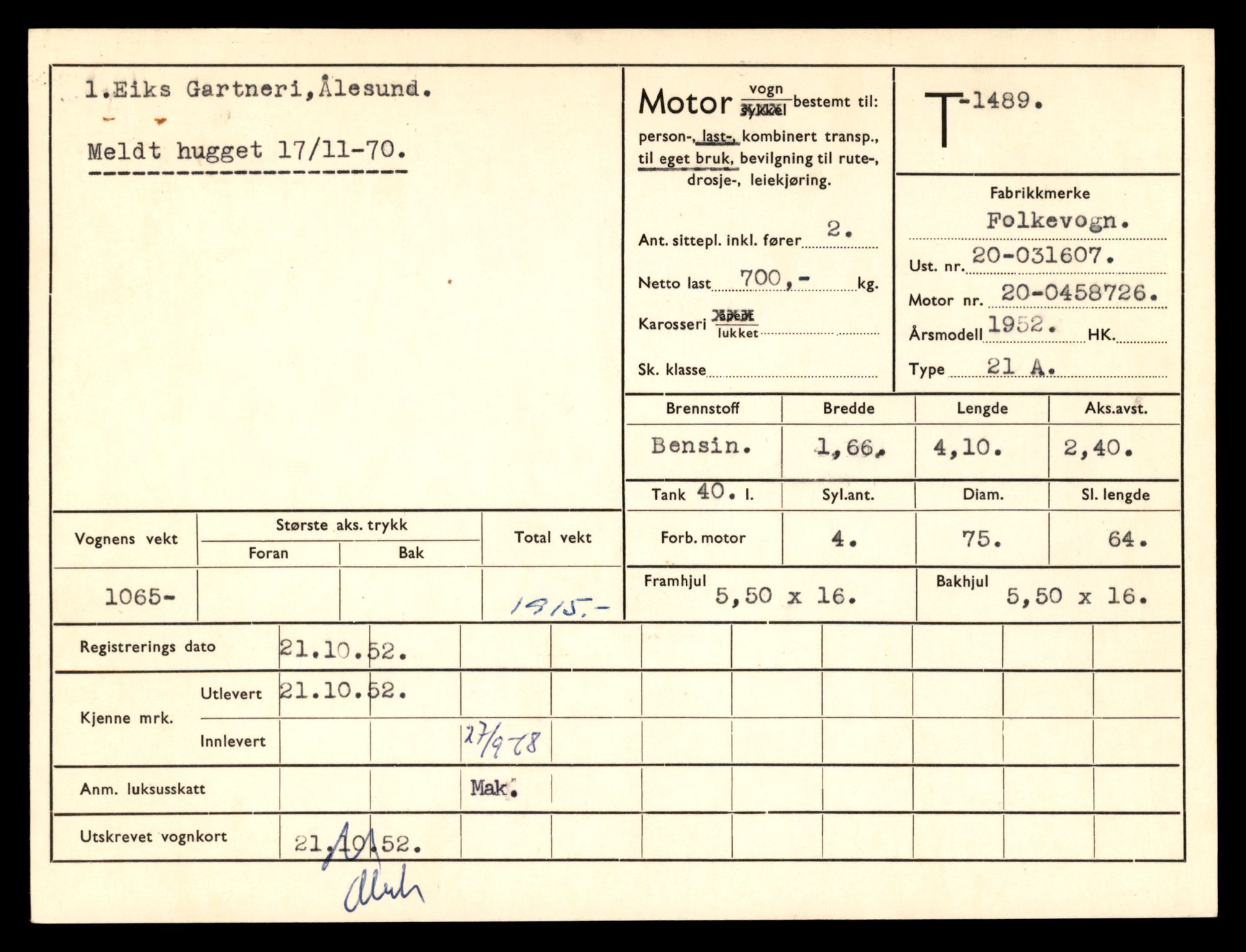 Møre og Romsdal vegkontor - Ålesund trafikkstasjon, SAT/A-4099/F/Fe/L0013: Registreringskort for kjøretøy T 1451 - T 1564, 1927-1998, p. 717