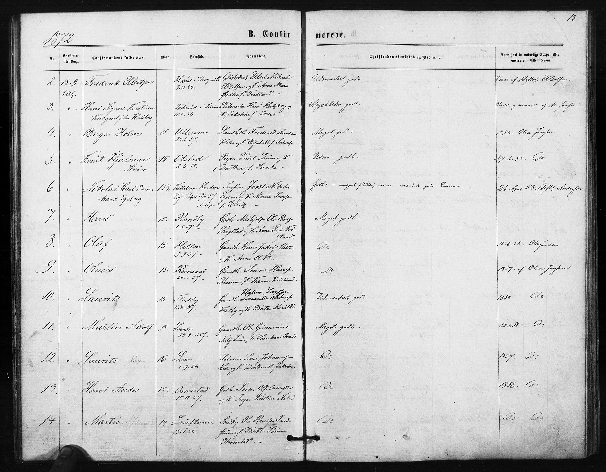 Ullensaker prestekontor Kirkebøker, AV/SAO-A-10236a/F/Fa/L0017: Parish register (official) no. I 17, 1871-1875, p. 18