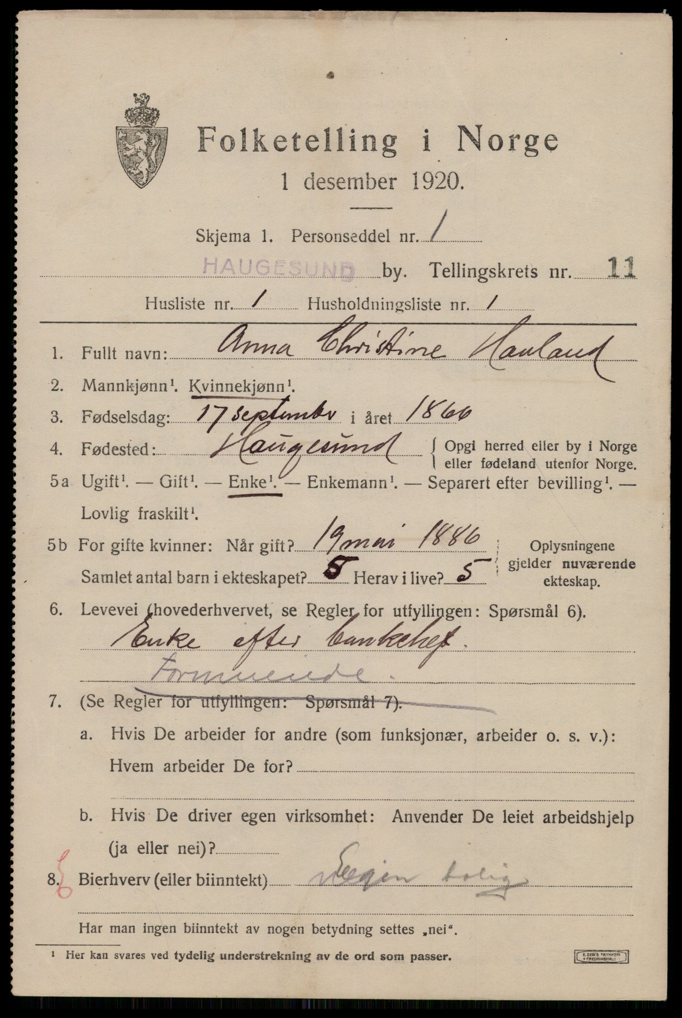 SAST, 1920 census for Haugesund, 1920, p. 36511