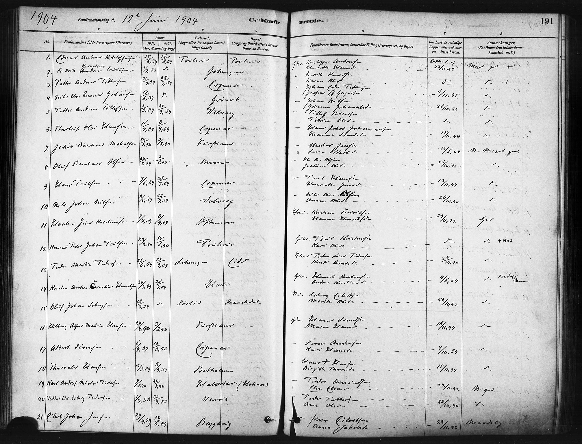 Tranøy sokneprestkontor, AV/SATØ-S-1313/I/Ia/Iaa/L0009kirke: Parish register (official) no. 9, 1878-1904, p. 191
