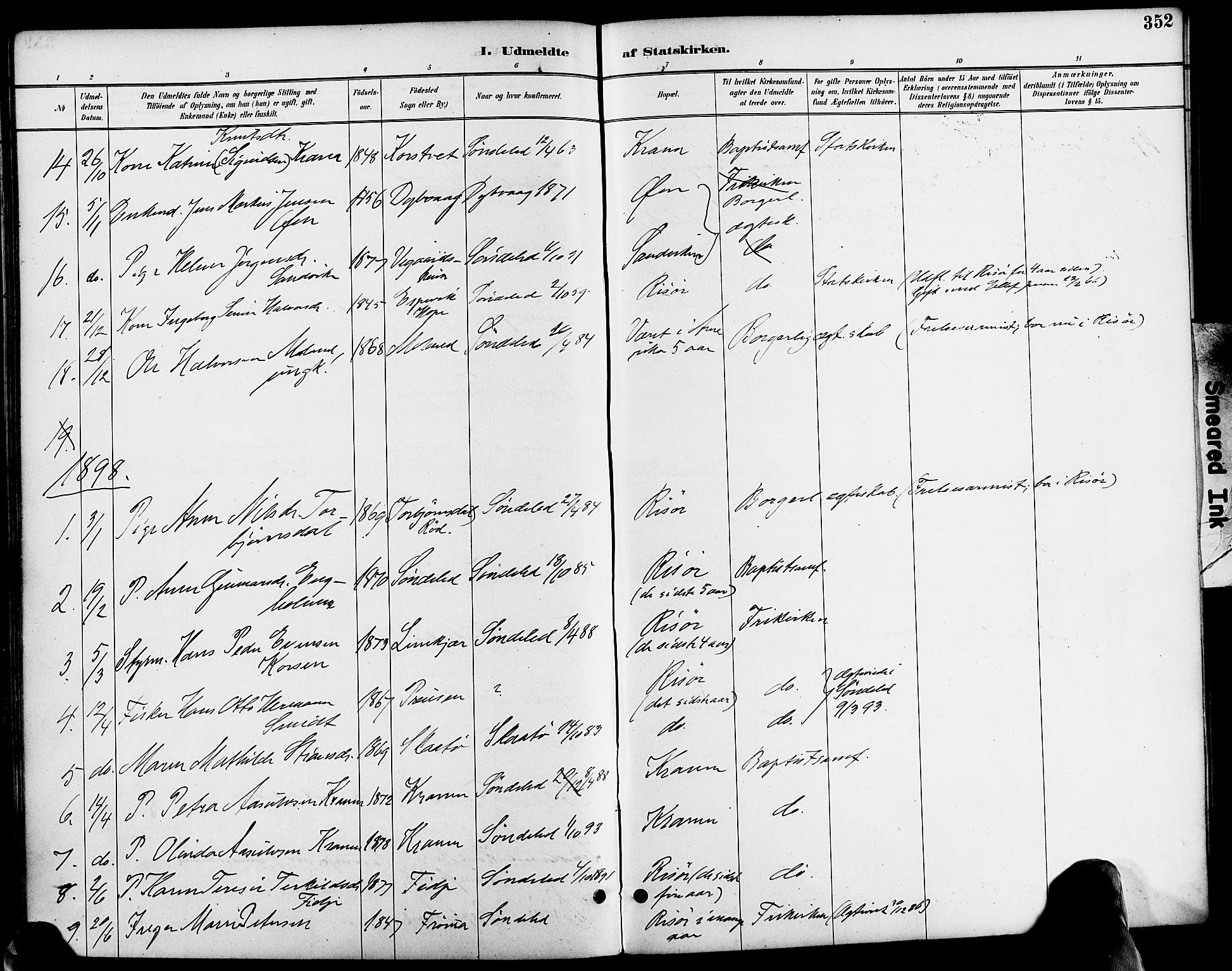 Søndeled sokneprestkontor, SAK/1111-0038/F/Fa/L0005: Parish register (official) no. A 5, 1889-1899, p. 352
