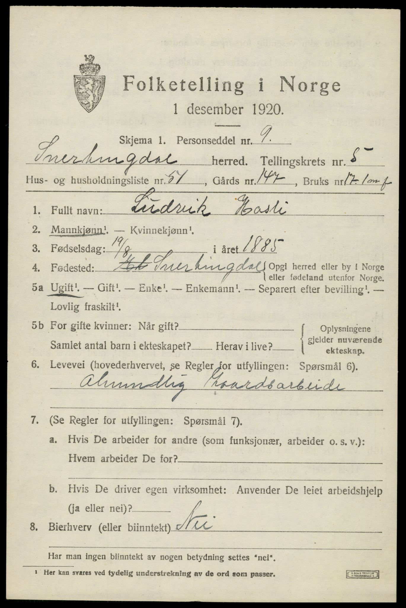 SAH, 1920 census for Snertingdal, 1920, p. 4875