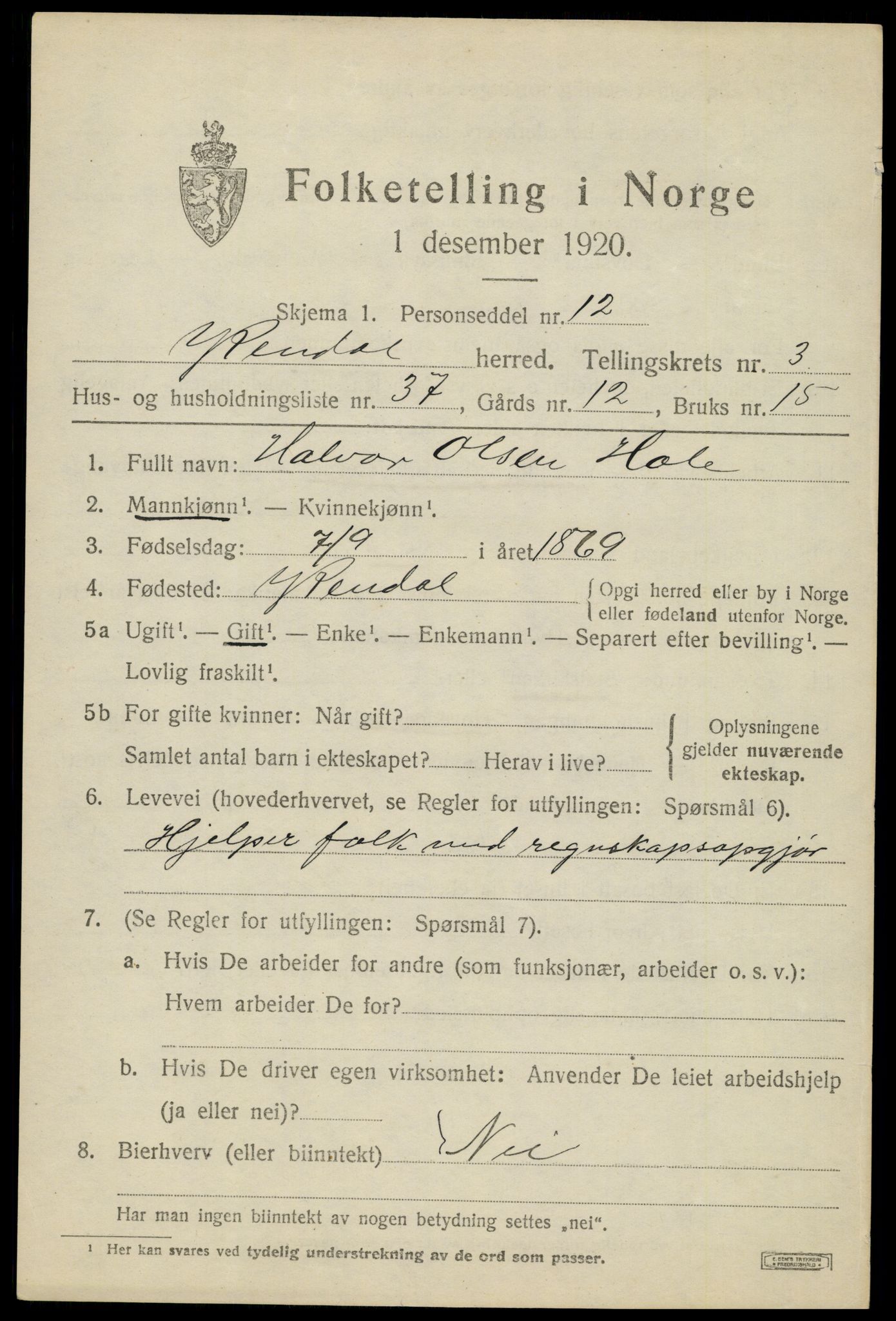 SAH, 1920 census for Ytre Rendal, 1920, p. 2045