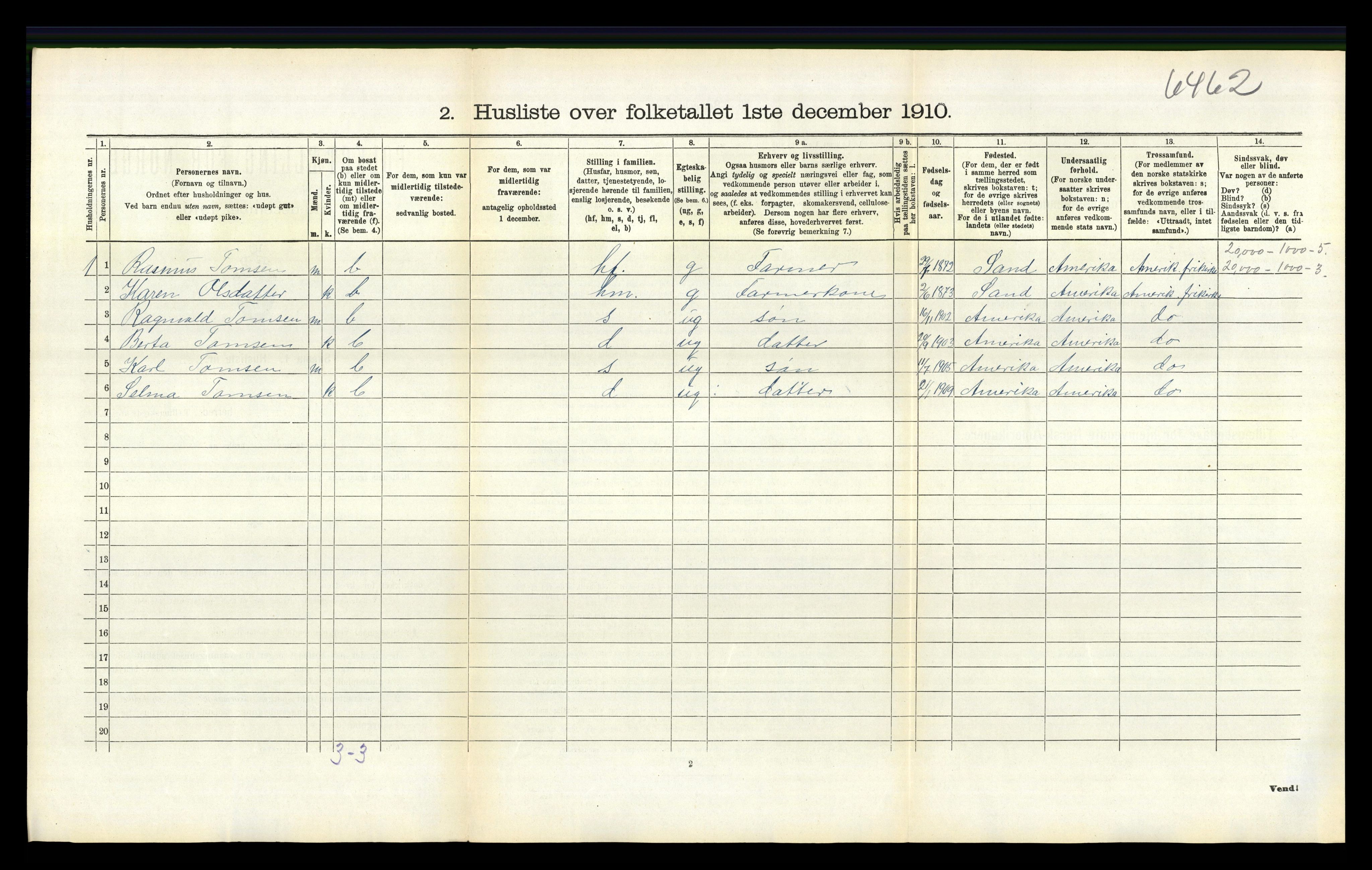 RA, 1910 census for Sand, 1910, p. 288