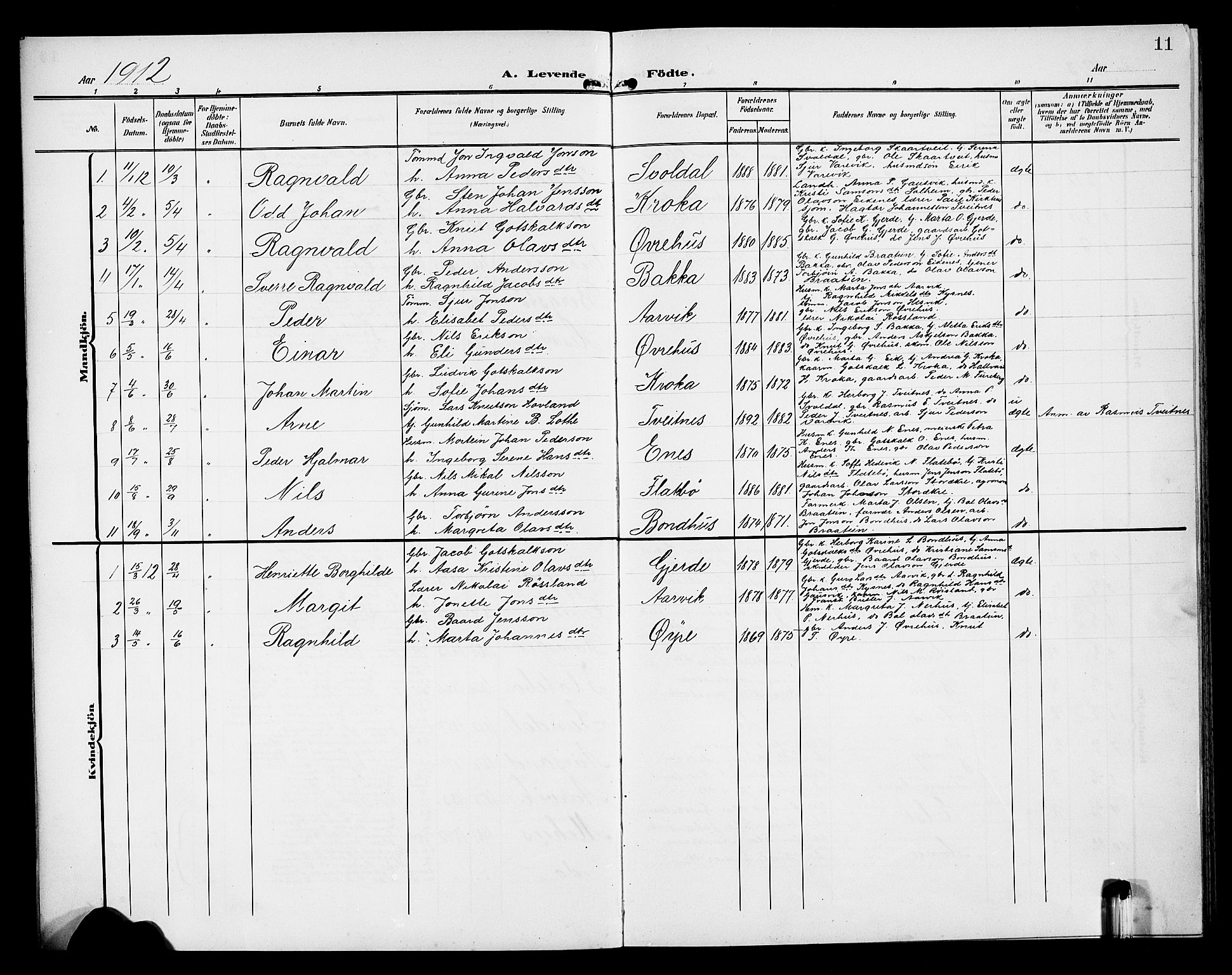 Kvinnherad sokneprestembete, SAB/A-76401/H/Hab: Parish register (copy) no. D 2, 1906-1926, p. 11