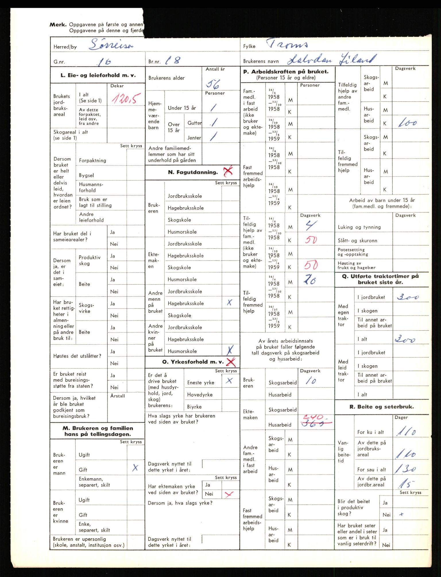 Statistisk sentralbyrå, Næringsøkonomiske emner, Jordbruk, skogbruk, jakt, fiske og fangst, AV/RA-S-2234/G/Gd/L0656: Troms: 1924 Målselv (kl. 0-3) og 1925 Sørreisa, 1959, p. 2139