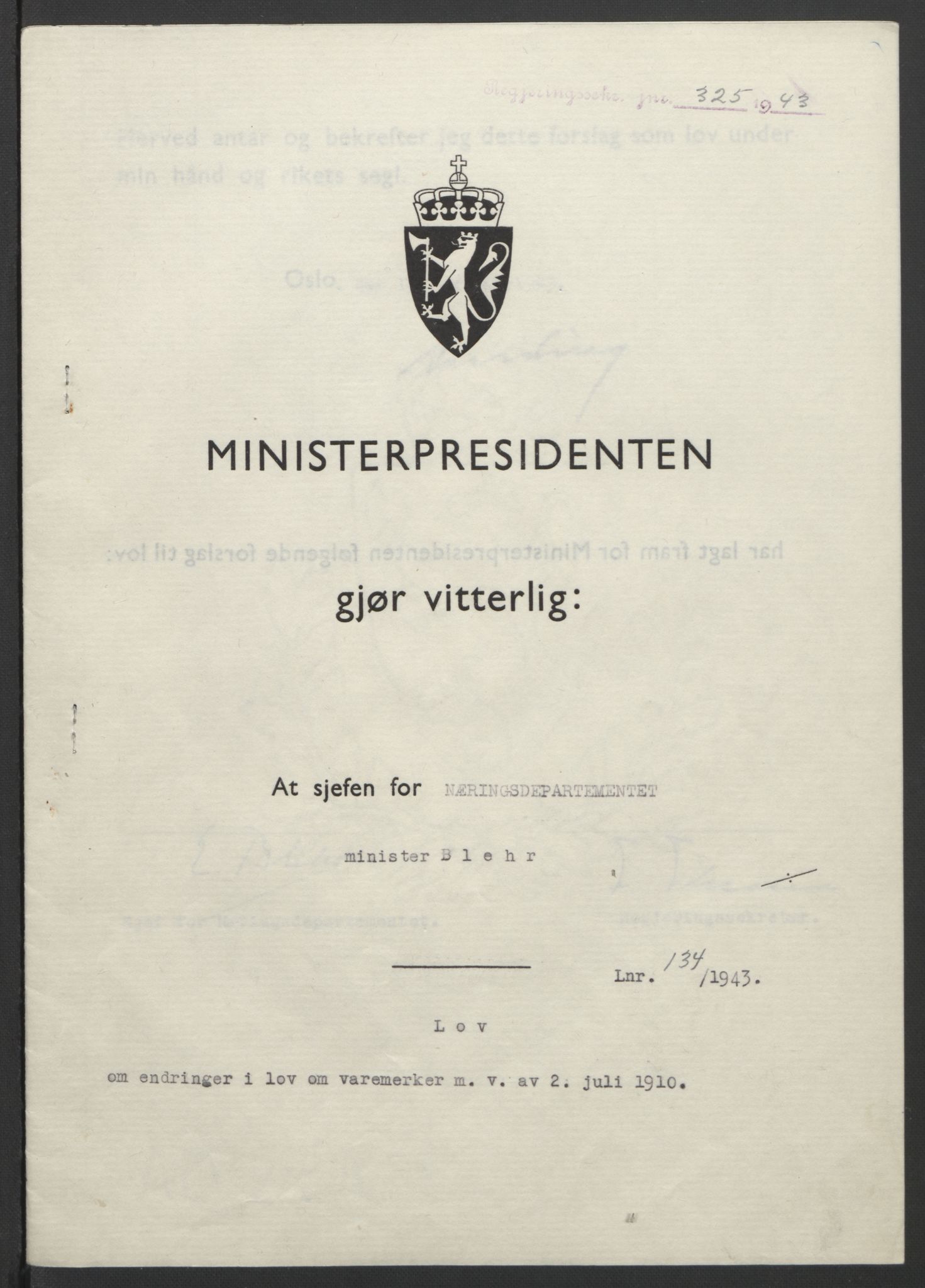 NS-administrasjonen 1940-1945 (Statsrådsekretariatet, de kommisariske statsråder mm), RA/S-4279/D/Db/L0099: Lover, 1943, p. 624