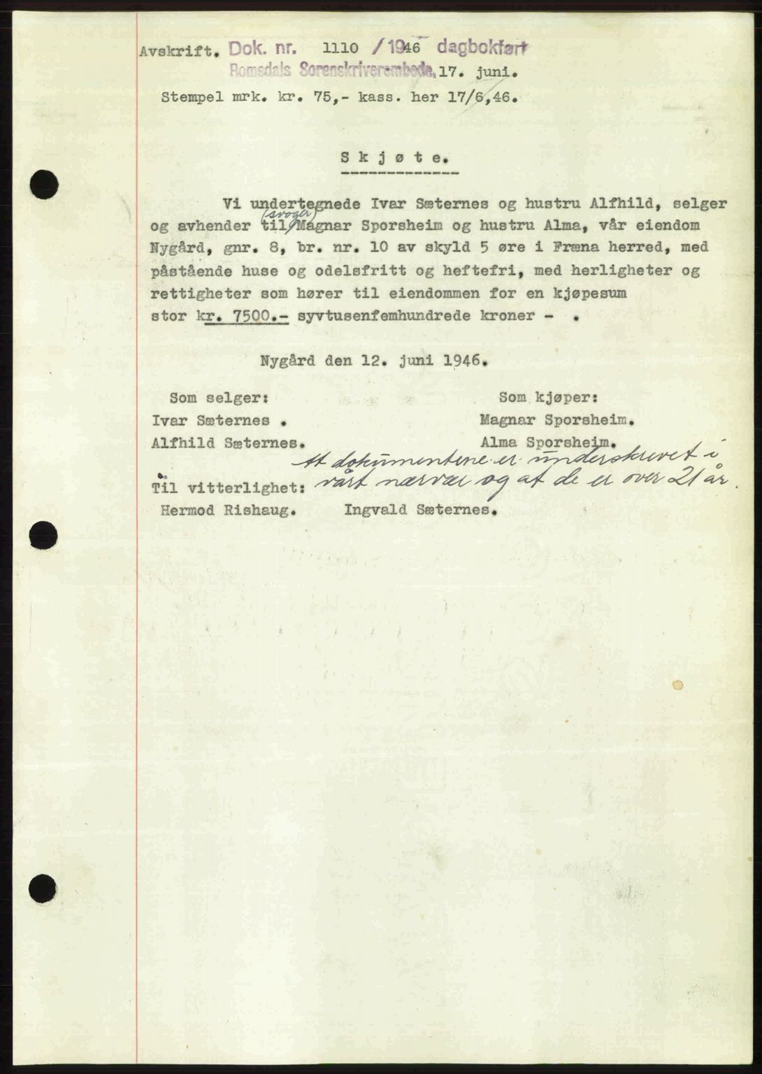 Romsdal sorenskriveri, AV/SAT-A-4149/1/2/2C: Mortgage book no. A20, 1946-1946, Diary no: : 1110/1946