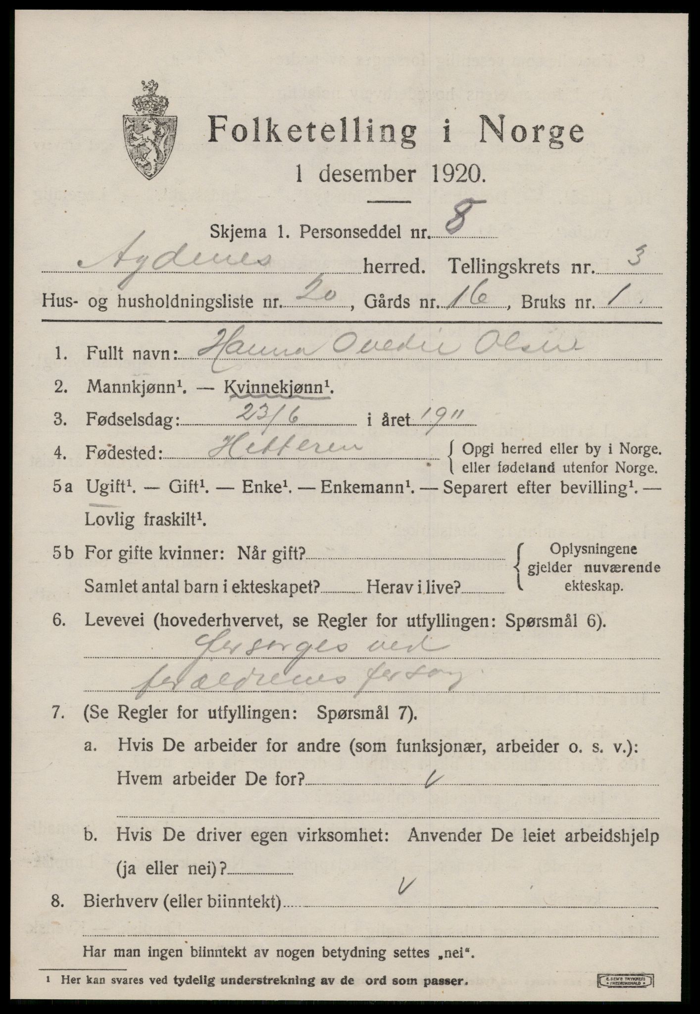 SAT, 1920 census for Agdenes, 1920, p. 2029