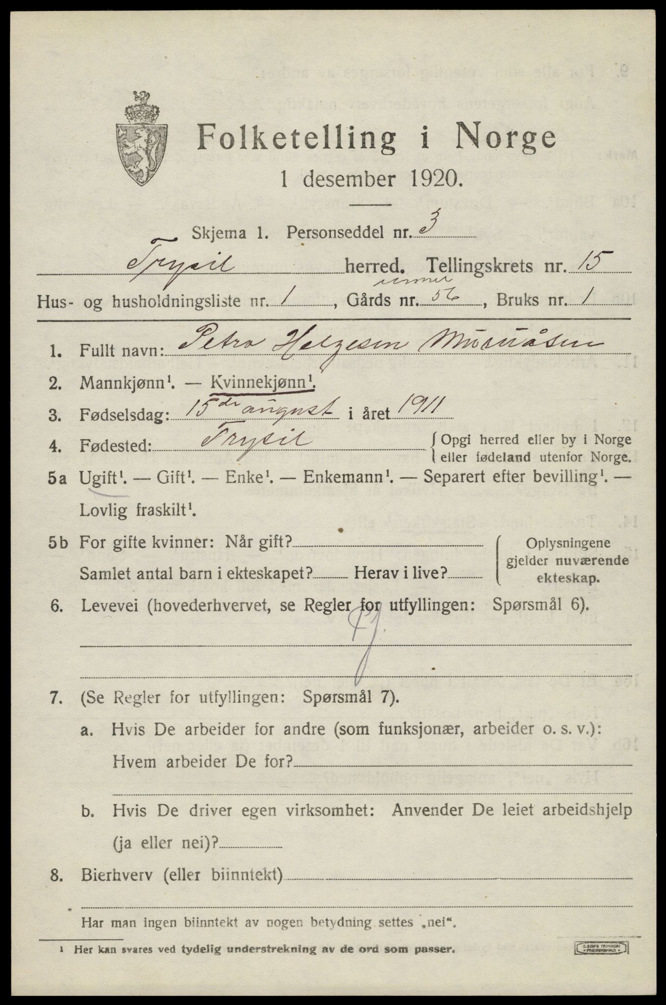 SAH, 1920 census for Trysil, 1920, p. 8789