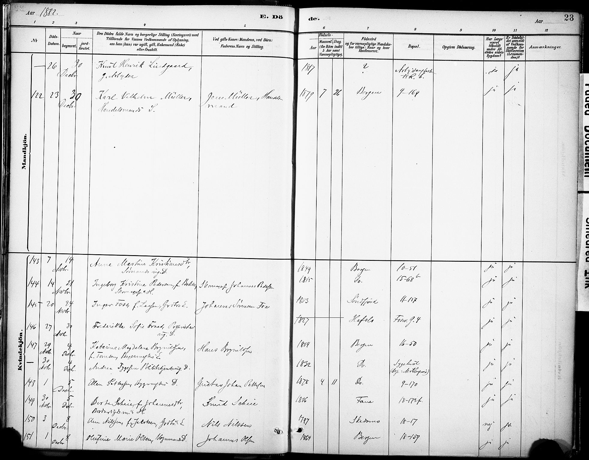 Domkirken sokneprestembete, AV/SAB-A-74801/H/Haa/L0043: Parish register (official) no. E 5, 1882-1904, p. 23