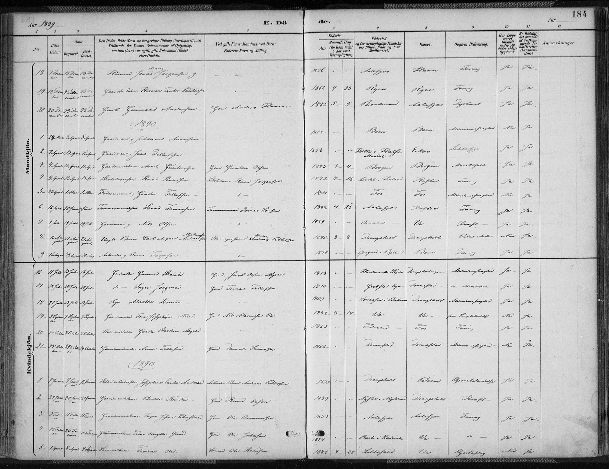 Tveit sokneprestkontor, SAK/1111-0043/F/Fa/L0007: Parish register (official) no. A 7, 1887-1908, p. 184