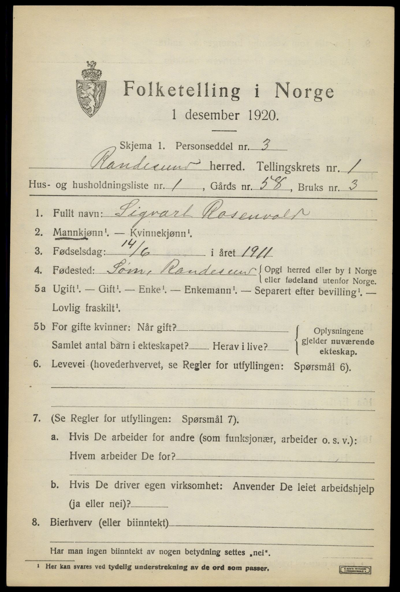 SAK, 1920 census for Randesund, 1920, p. 588