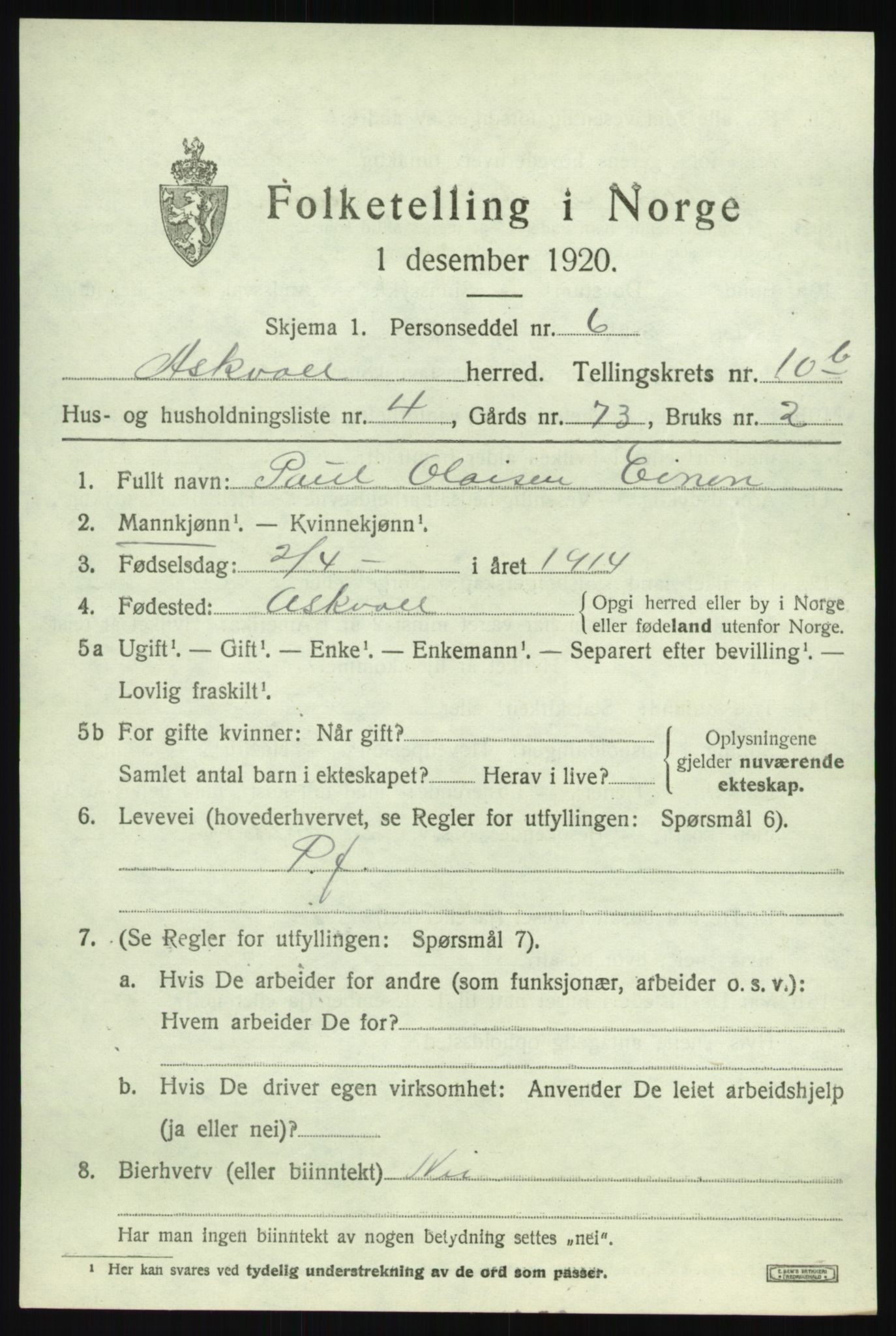 SAB, 1920 census for Askvoll, 1920, p. 4386