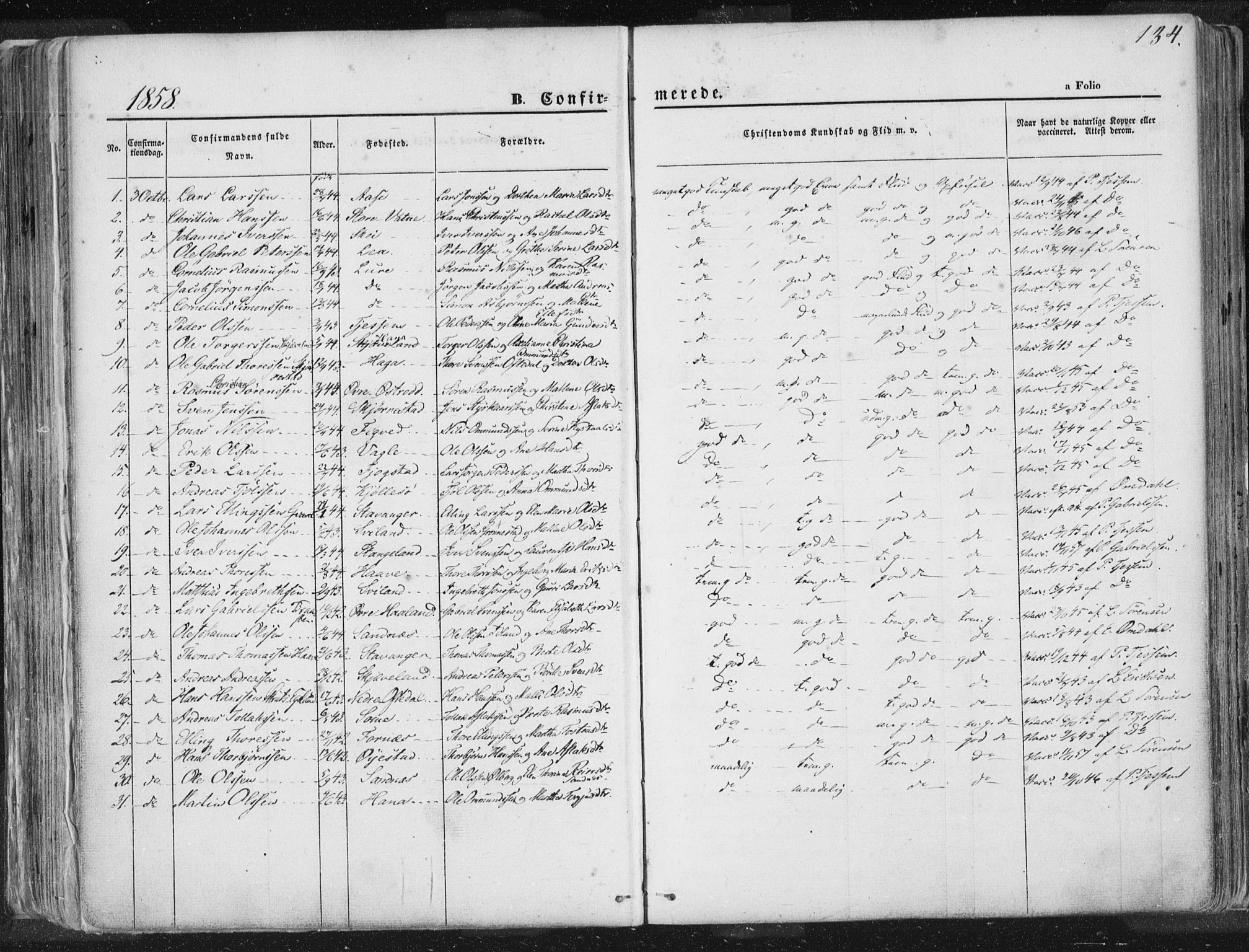 Høyland sokneprestkontor, SAST/A-101799/001/30BA/L0010: Parish register (official) no. A 9.1, 1857-1877, p. 134