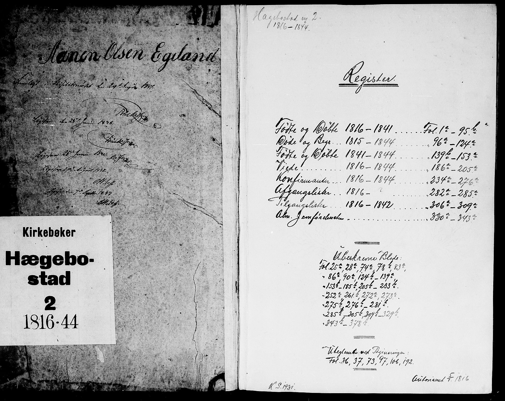 Hægebostad sokneprestkontor, SAK/1111-0024/F/Fb/Fba/L0001: Parish register (copy) no. B 1, 1815-1844