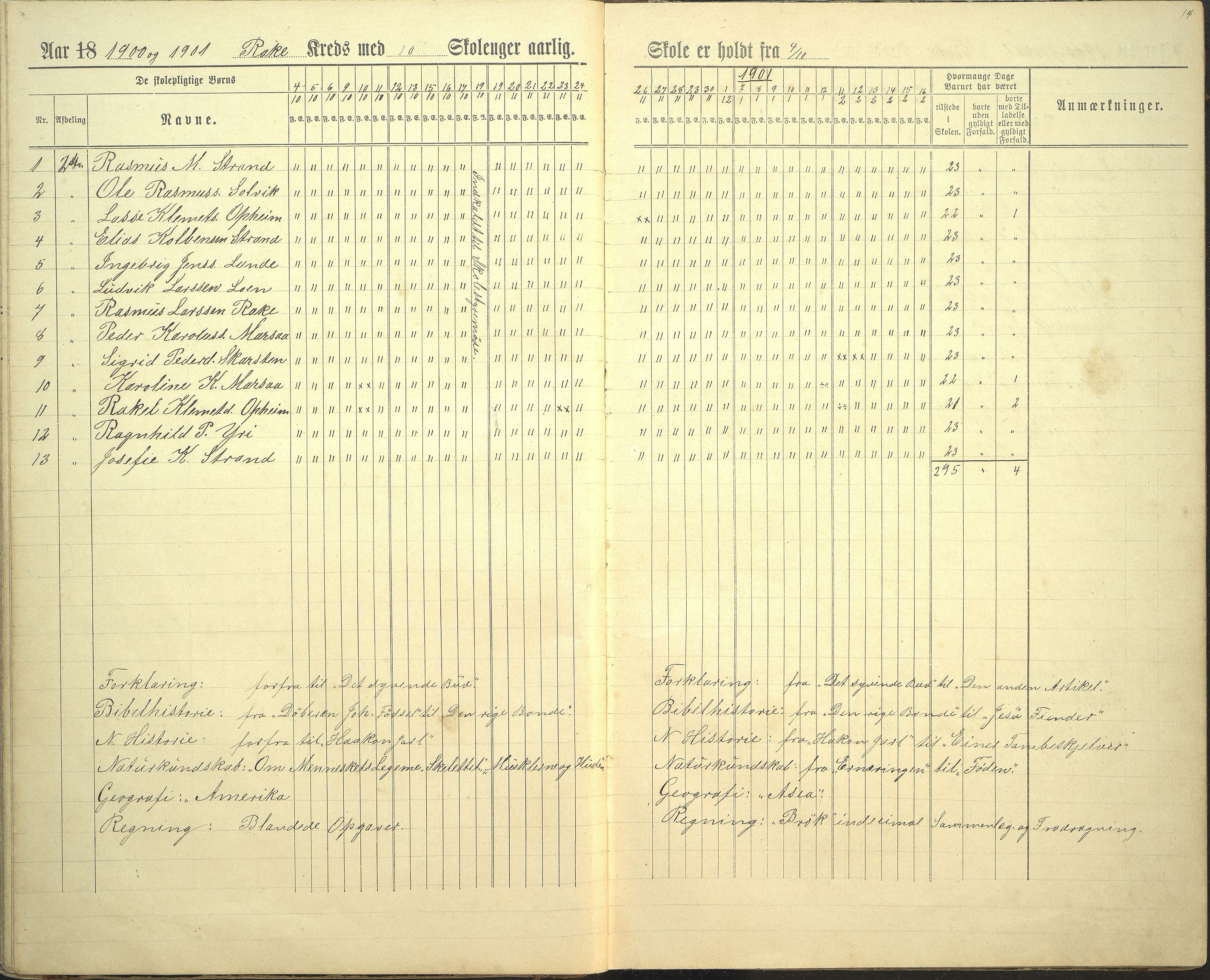 Innvik kommune. Rake skule, VLFK/K-14470.520.23/543/L0002: dagbok for Rake skule og Skarstein skule, 1894-1909, p. 14