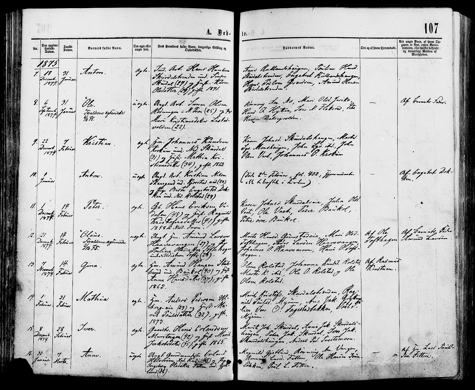 Sør-Fron prestekontor, SAH/PREST-010/H/Ha/Haa/L0002: Parish register (official) no. 2, 1864-1880, p. 107