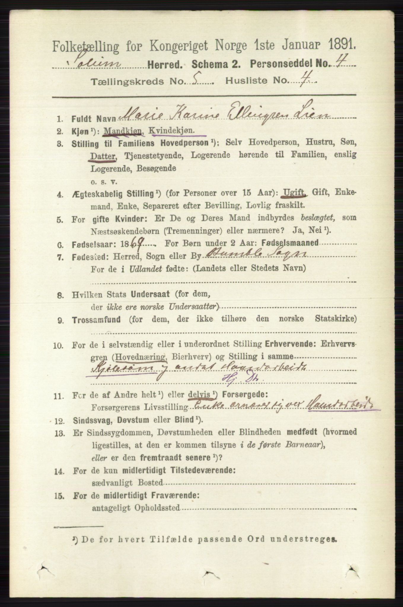 RA, 1891 census for 0818 Solum, 1891, p. 855