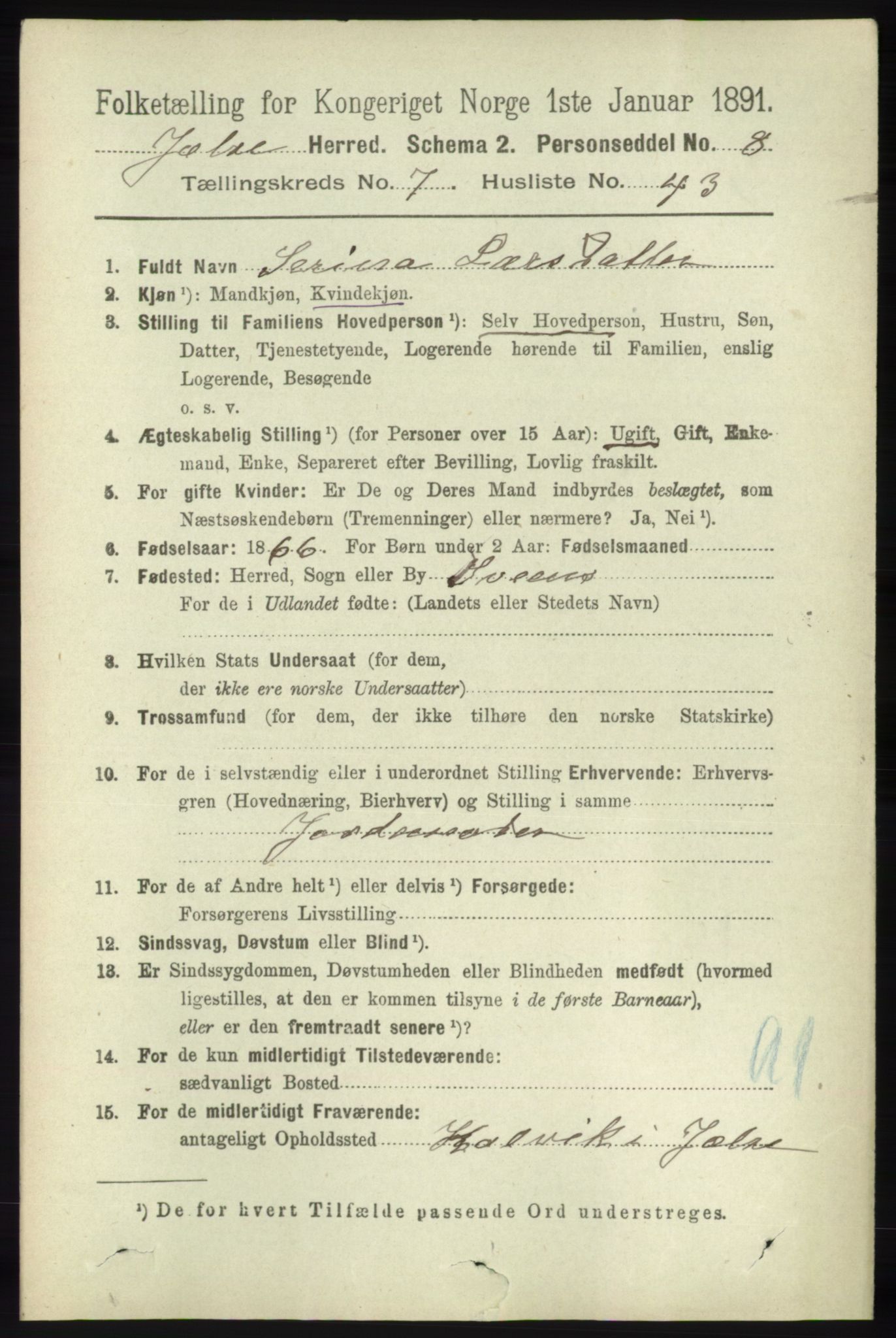 RA, 1891 census for 1138 Jelsa, 1891, p. 1742