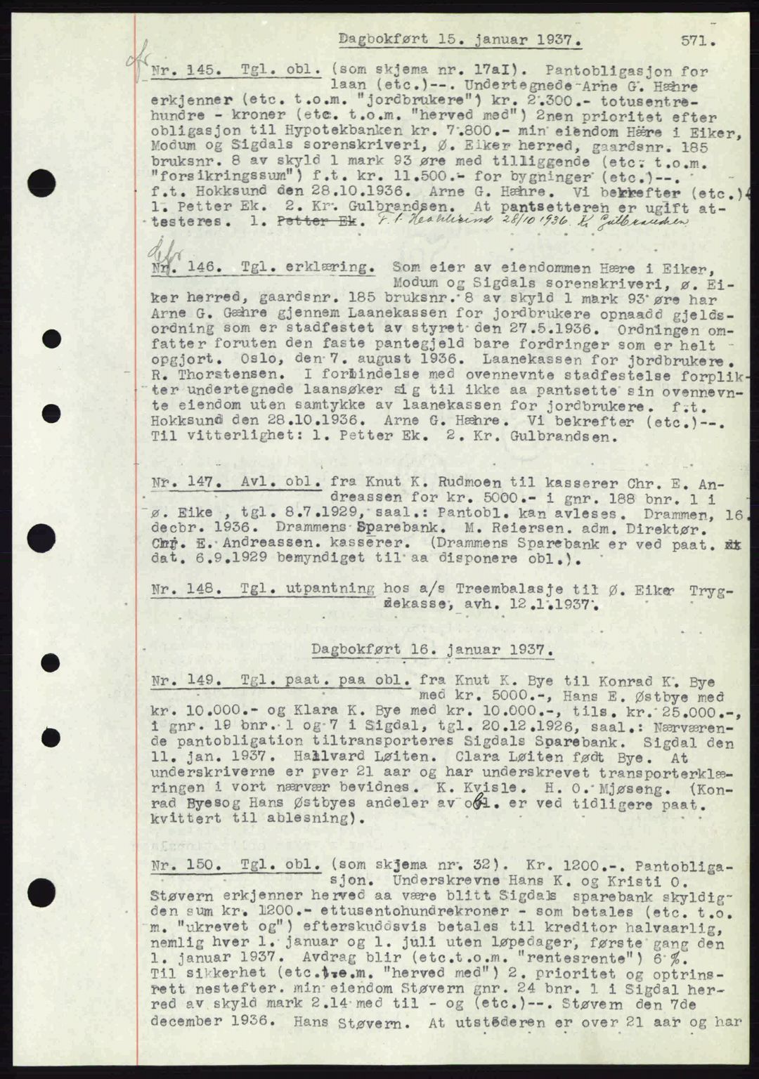 Eiker, Modum og Sigdal sorenskriveri, SAKO/A-123/G/Ga/Gab/L0034: Mortgage book no. A4, 1936-1937, Diary no: : 145/1937
