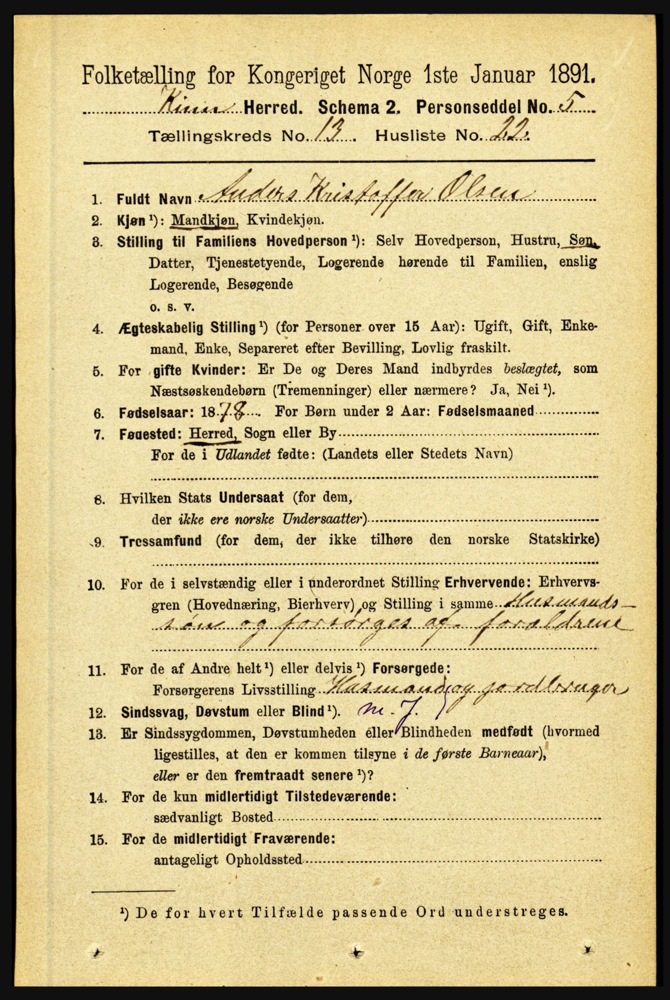 RA, 1891 census for 1437 Kinn, 1891, p. 5220